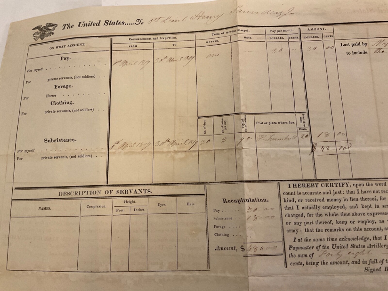 1395 FORT TRUMBULL CONNECTICUT US ARMY 1819 OFFICERS PAY ACCOUNT NOTE EAGLE