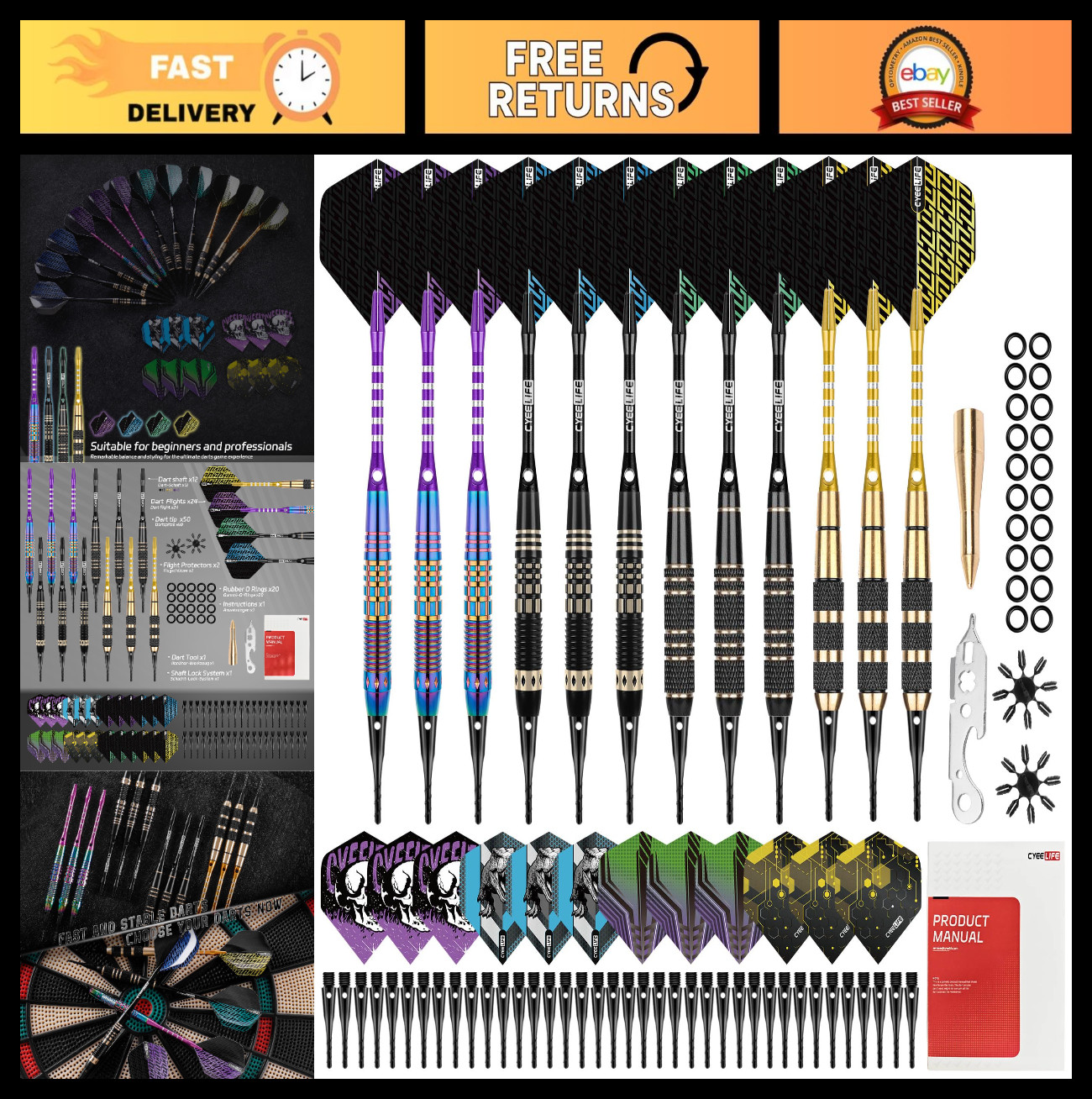 Professional Soft Tip Darts Set for Electronic Dartboard - 12 Darts, 50 Tips, 24