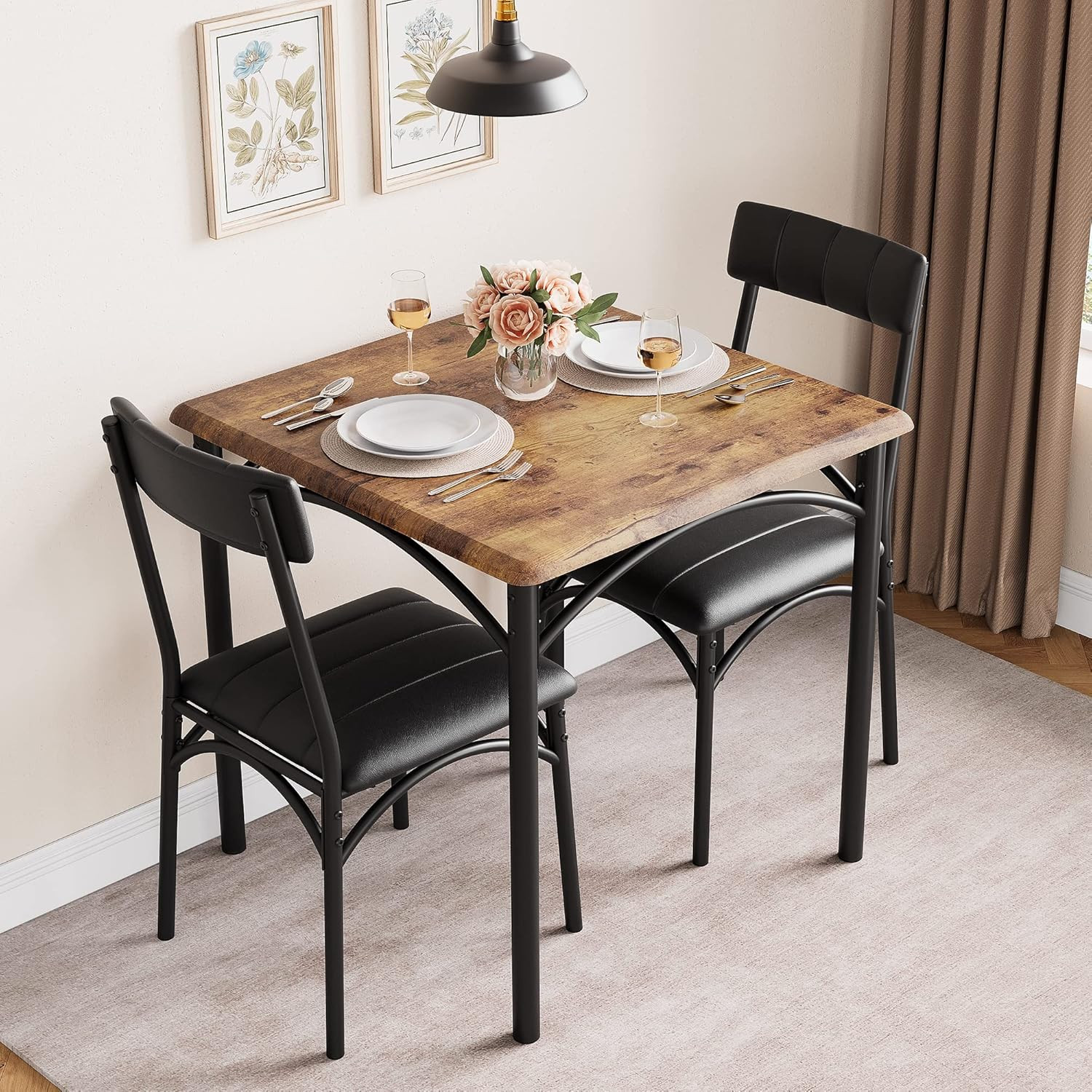Space-Saving 3-Piece Dining Table Set for 2 – Square Kitchen Table with Upholste