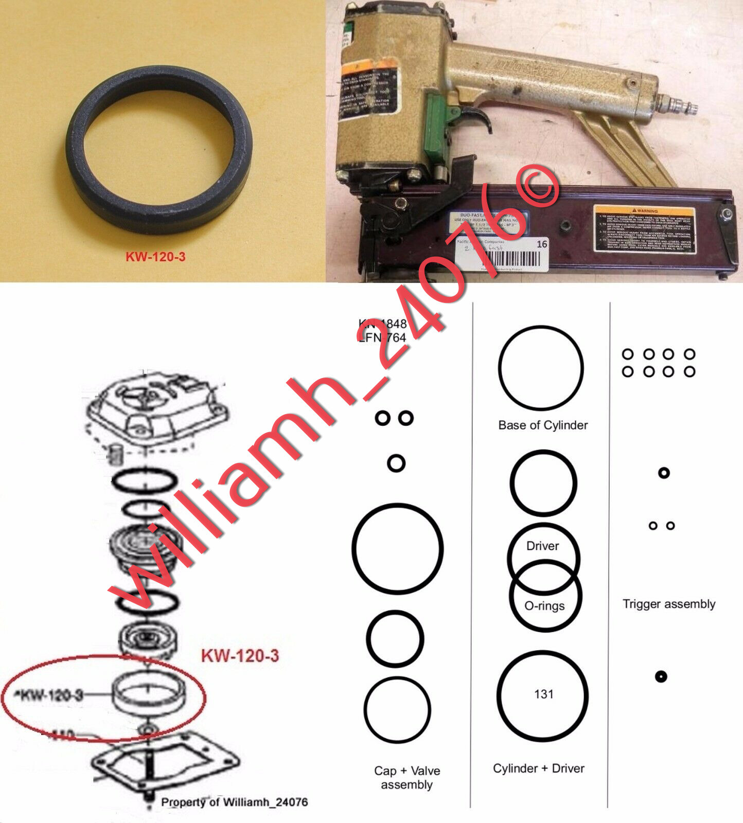 Duo-Fast KN-1848 LFN-764 Poppet Seal KW-120-3 + Complete O-ring Rebuild Kit