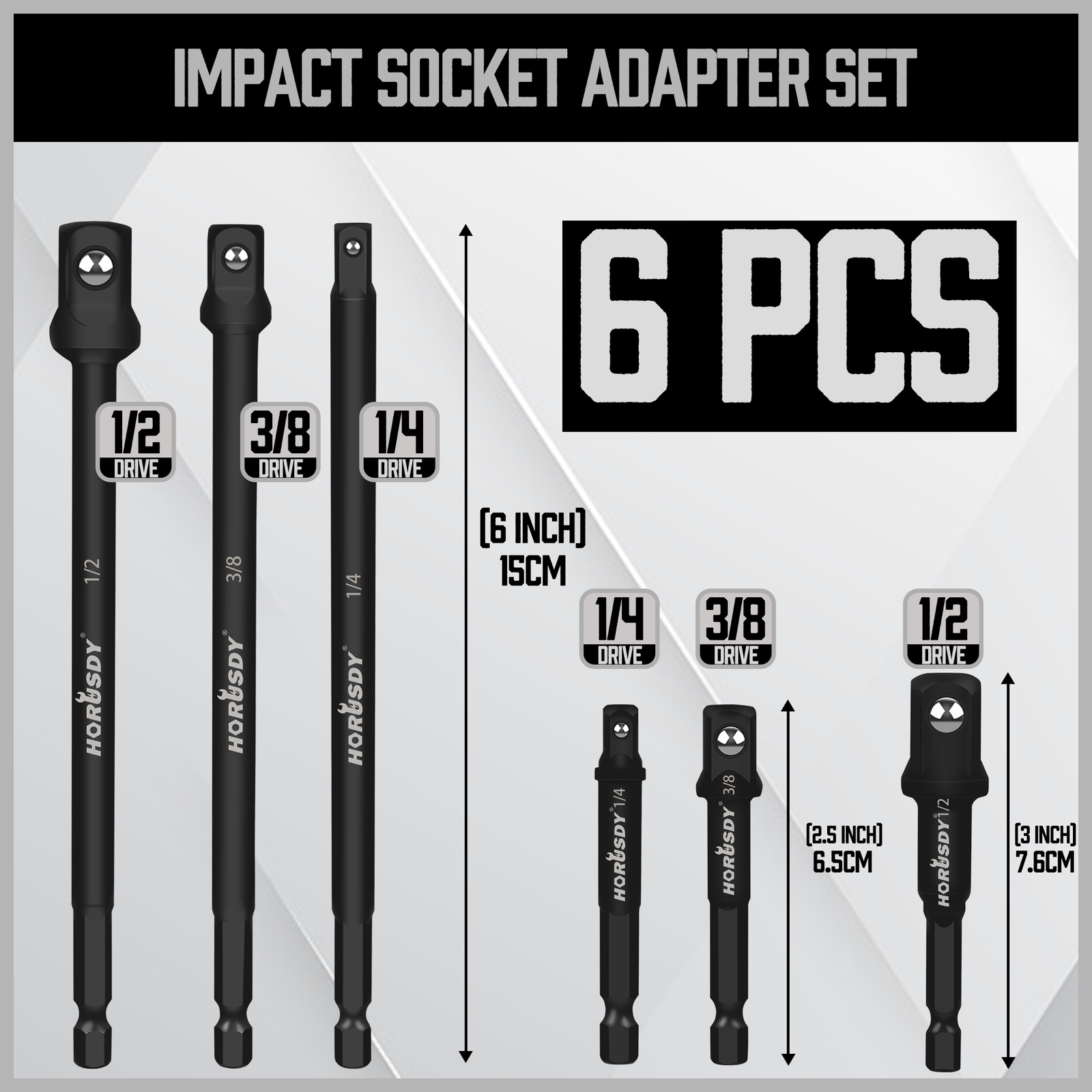 6 pc 6" & 3" Impact Grade Socket Adapter Set 1/4" 3/8" 1/2" Drive 1/4" Hex Shank