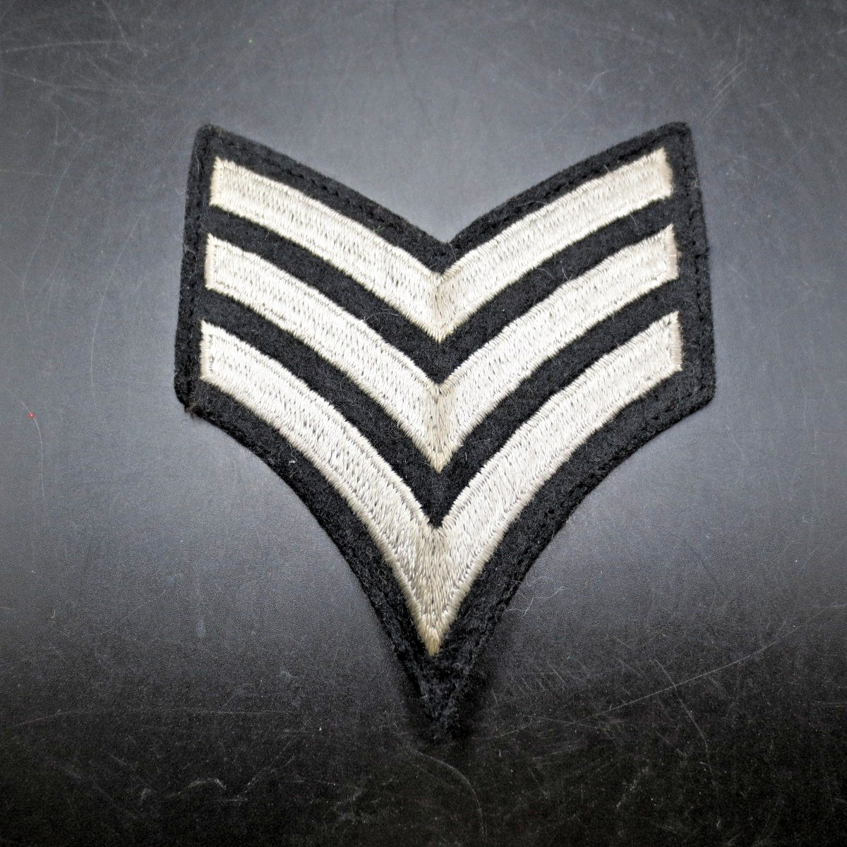 US Sergeant E-5 Patch Insignia Chevron Badge Med Gray Silver on Black