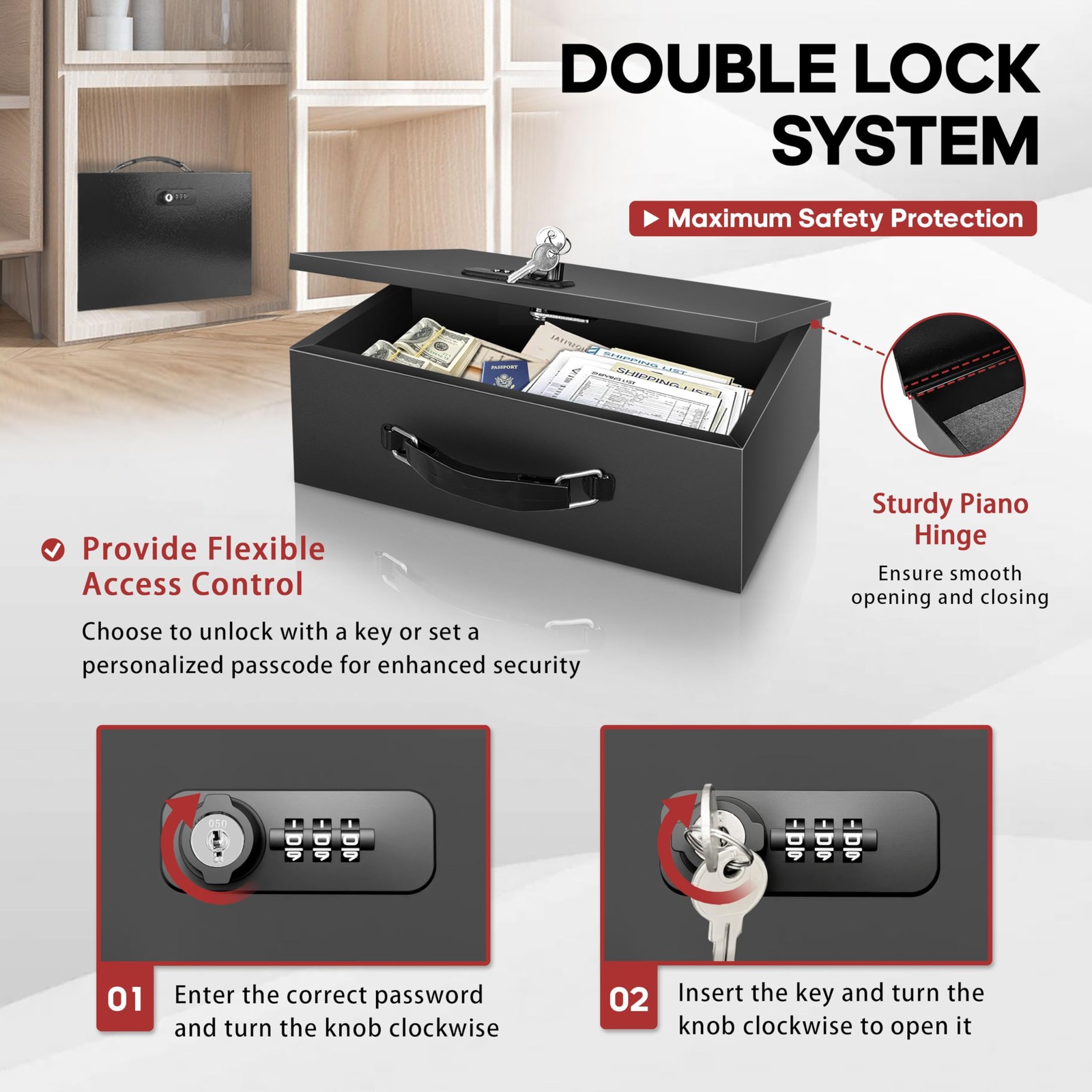 Fireproof Document Safe Box Key Combination Lock Heavy Duty Waterproof Secure St