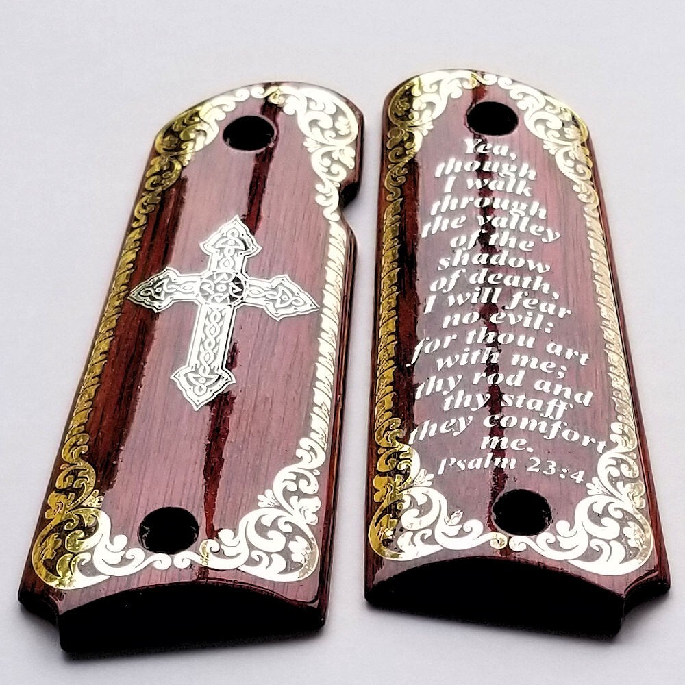 1911 full size custom engraved wood grips gold silver Psalm 23:4 Cross