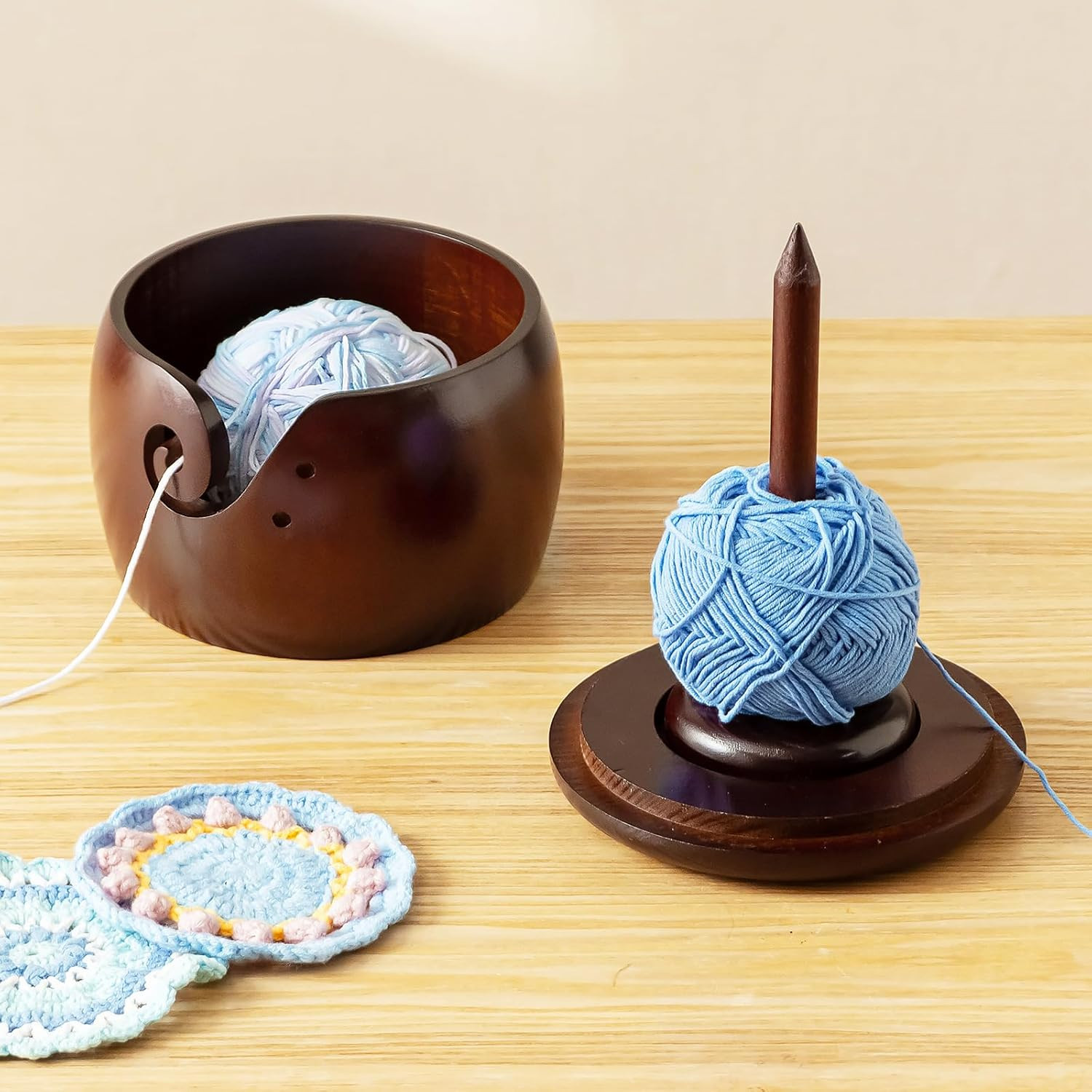 Wooden Yarn Bowl with Removable Yarn Holder, Large Crochet Bowl with Lid and Han