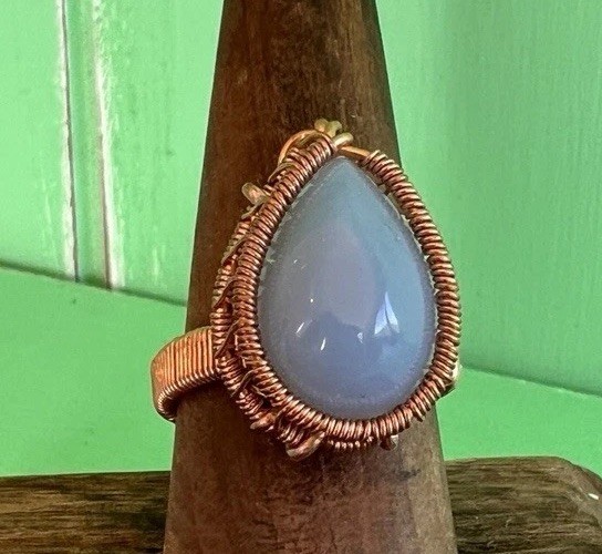 Blue Chalcedony crystal copper wire wrapped ring handmade