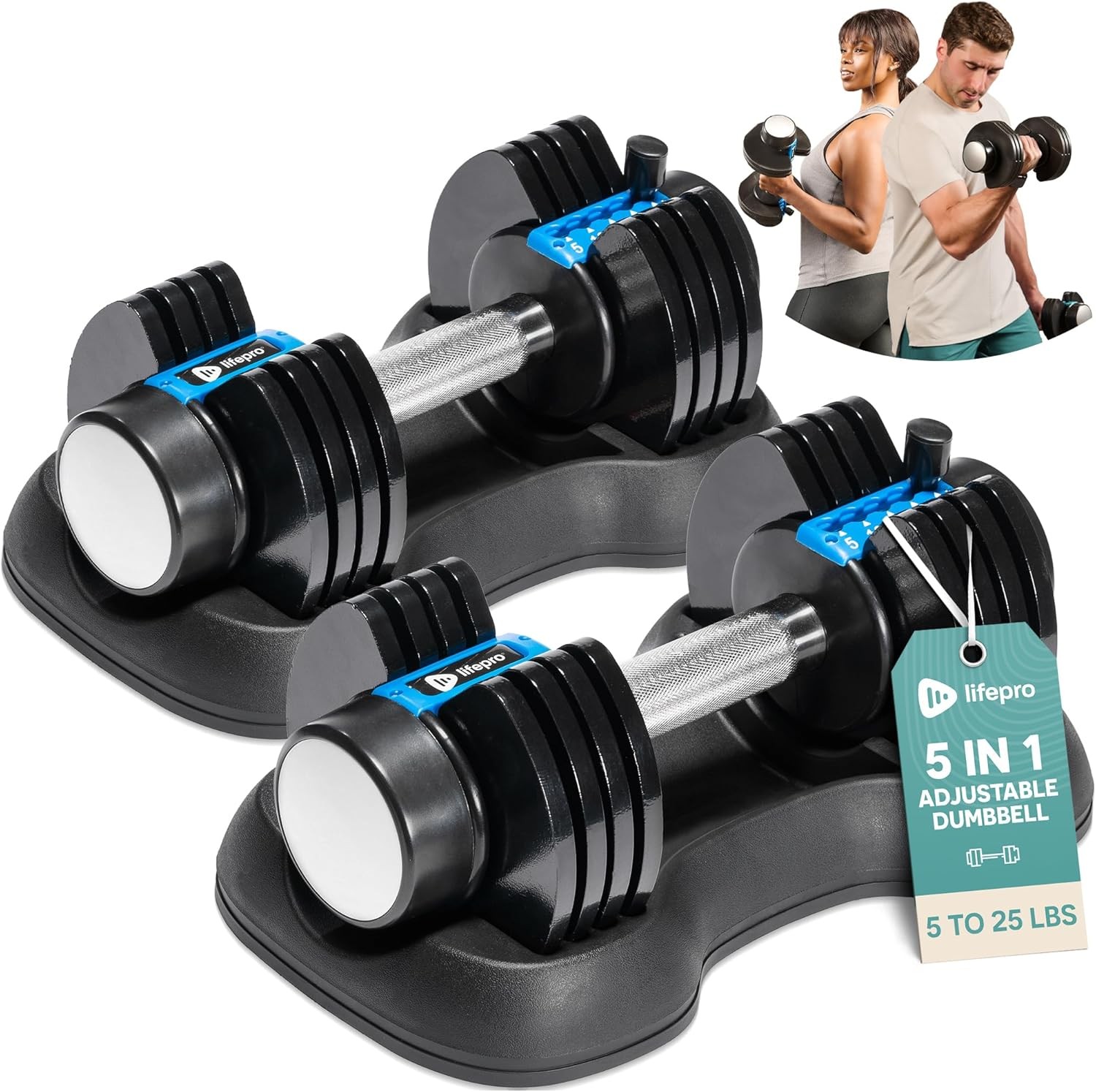 Lifepro Adjustable Dumbbells Set 5-in-1 - 25lb Weights with Rack Home Gym
