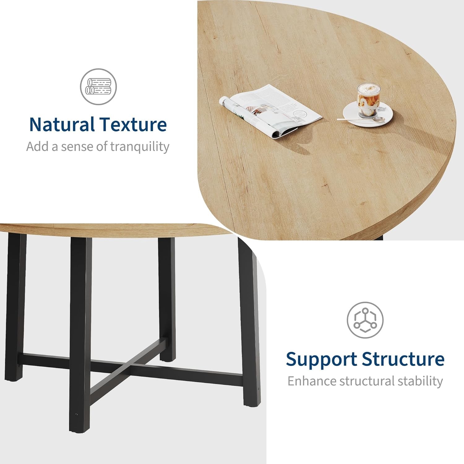 47" Round Dining Table for 4, Kitchen Dining Room Table with Sturdy Metal Frame,