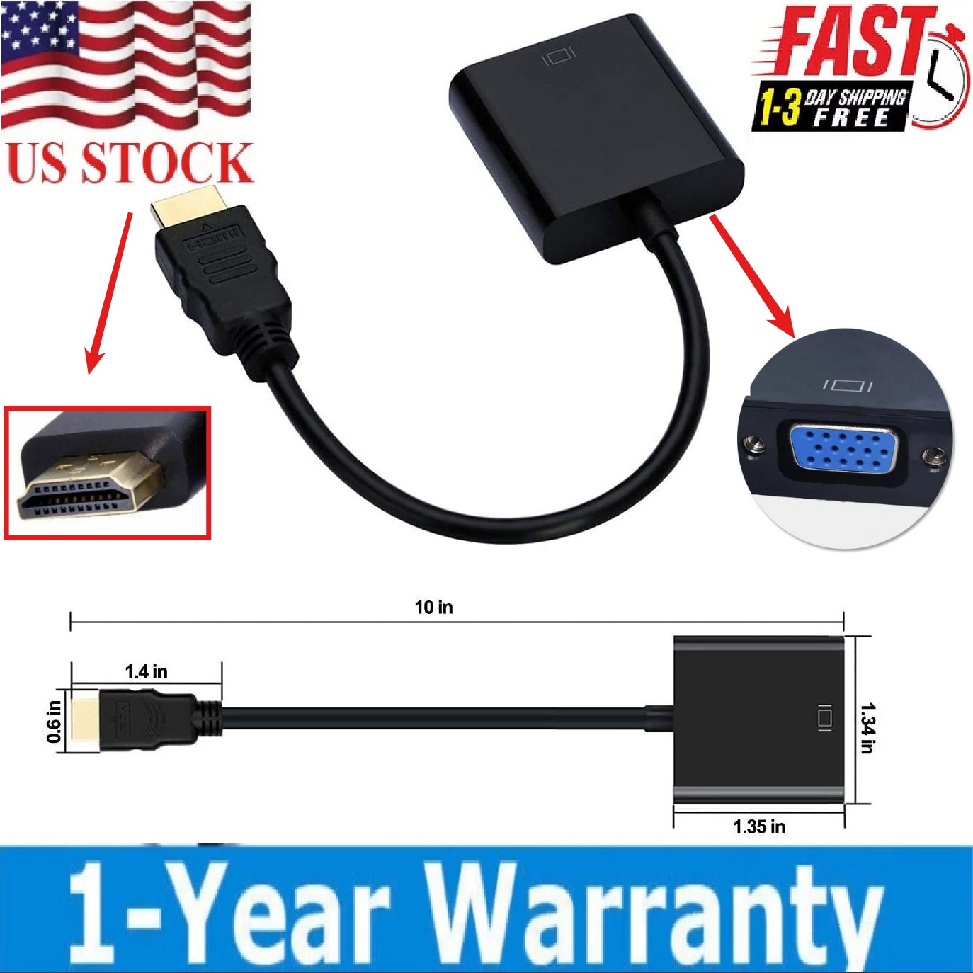 HDMI Male to VGA Female Video Cable Cord Converter Adapter 1080P For TV Monitor