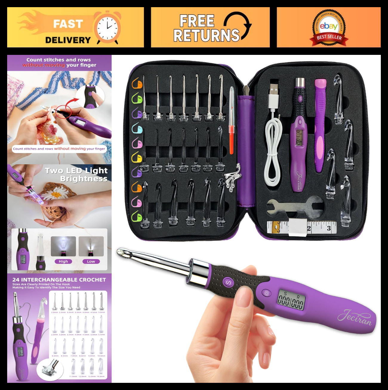24-in-1 Crochet Hook Set with Light Up Digital Counter - Ergonomic & Easy to Use