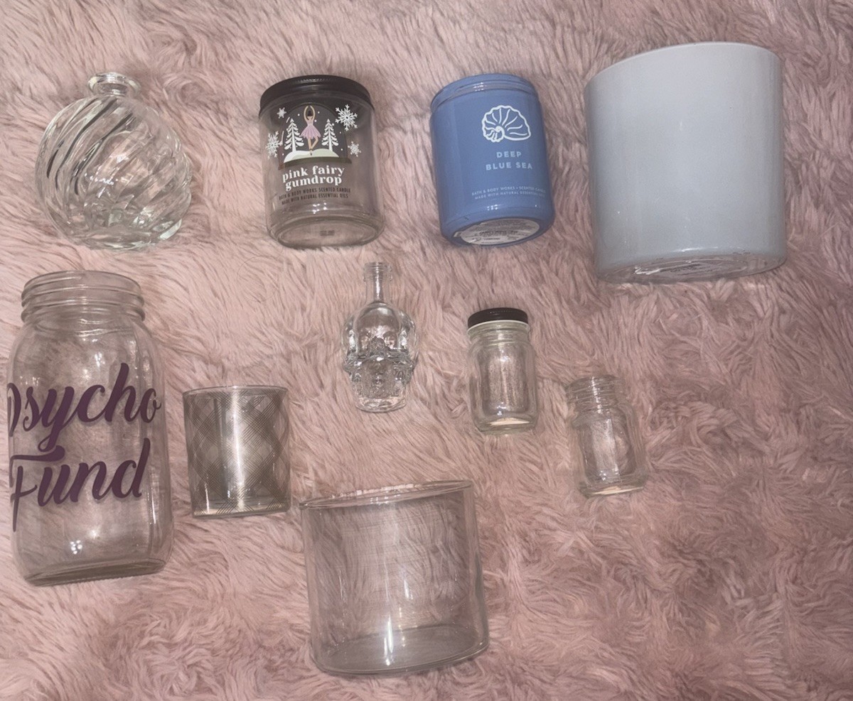 Lot Of Empty Glass Containers Mixed Brands, Sizes And Shapes 2 Have Lids