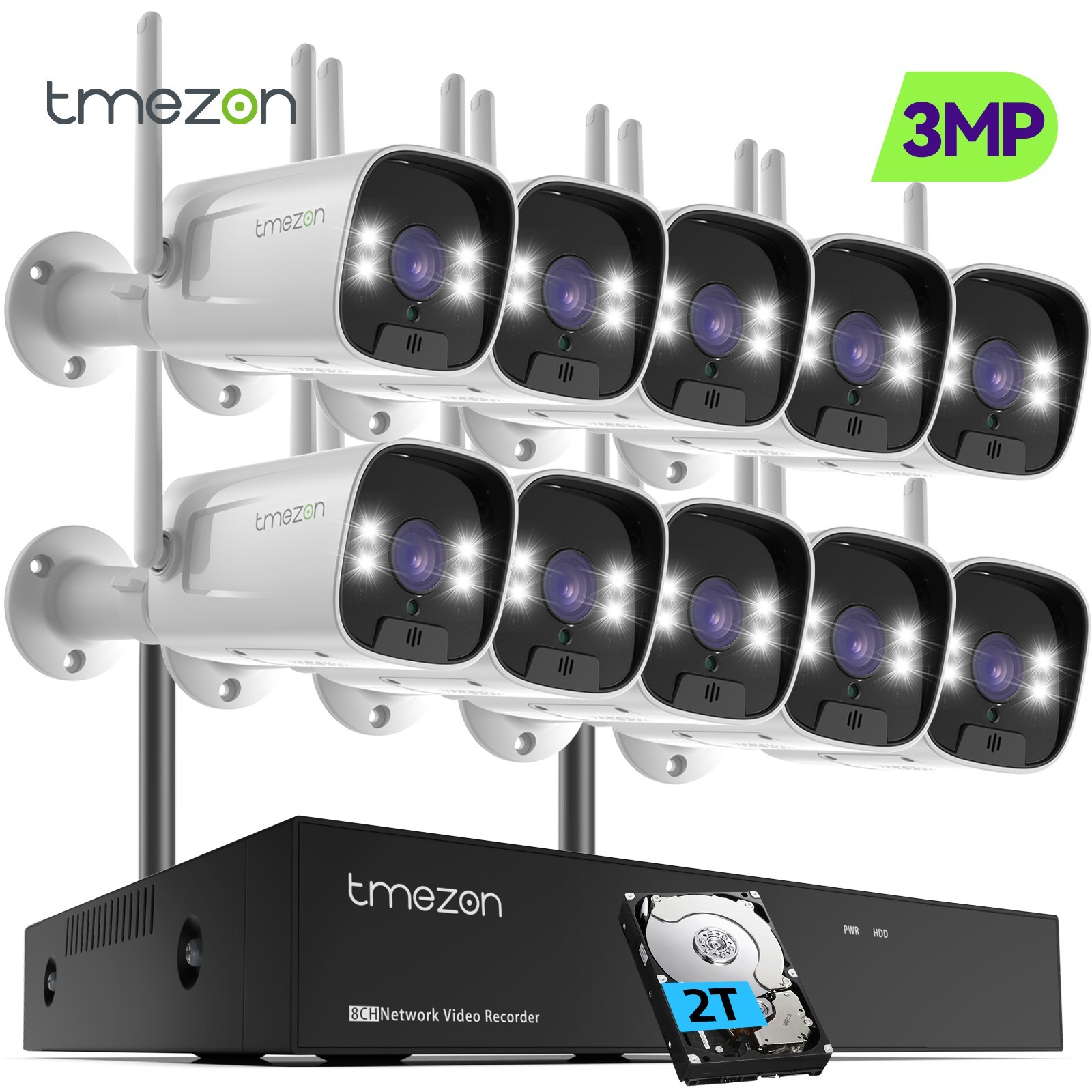 TMEZON Wireless 3MP Waterproof Security Camera System 8MP 10CH NVR WIFI 2TB