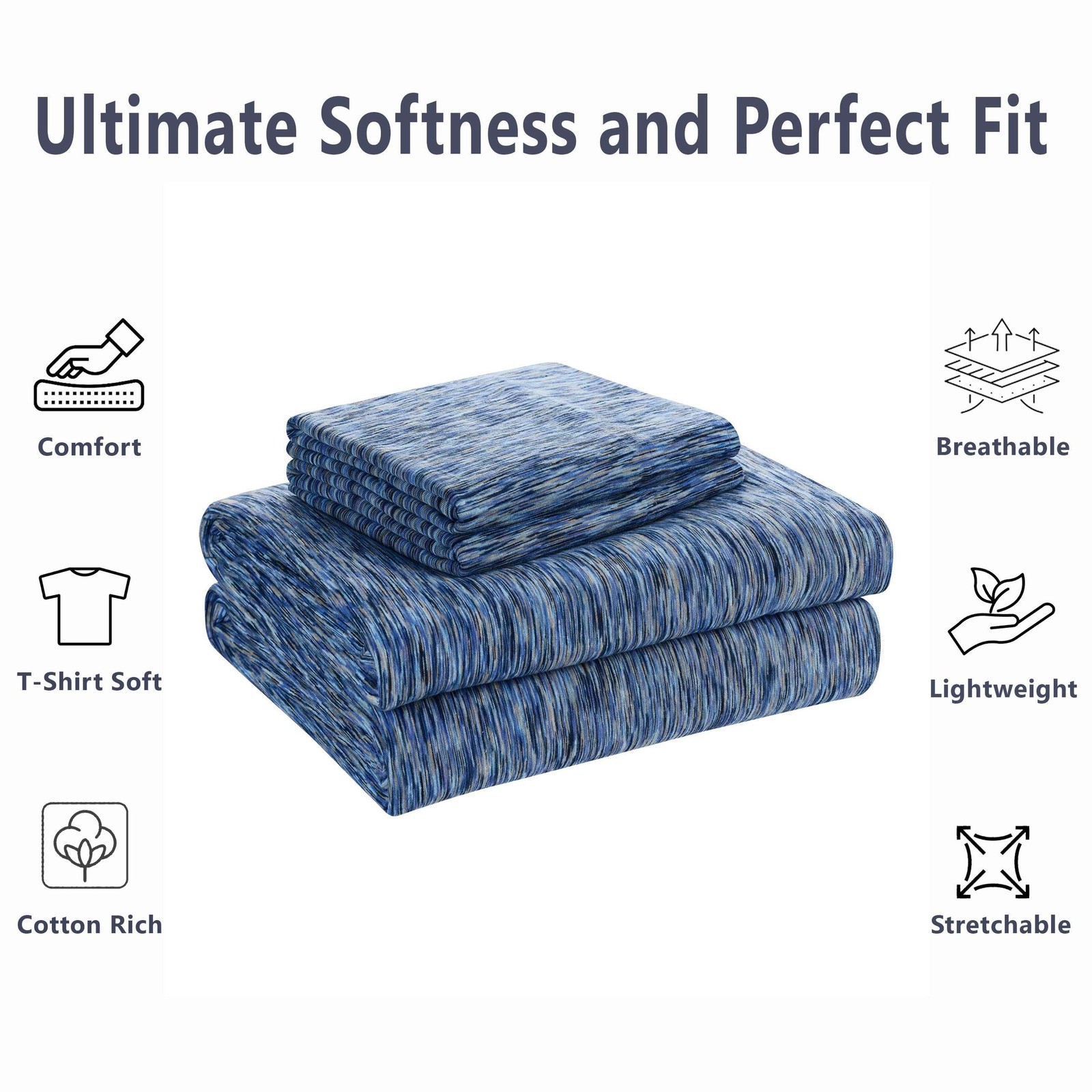 100% Cotton Extra Soft Jersey Bed Sheet Set Full Blue Crackle 4 Pieces