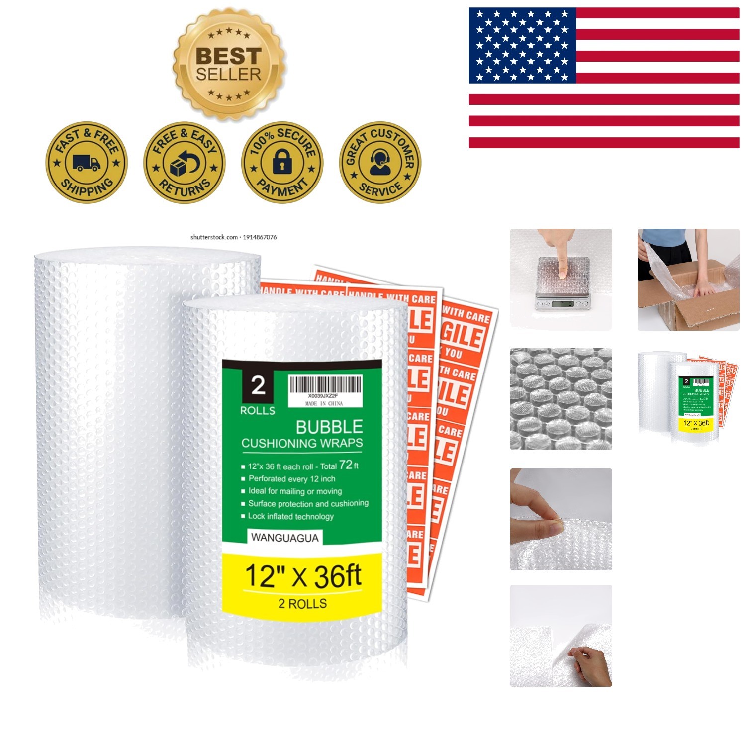 2 Pack 12in x 72ft Eco-Friendly Bubble Wrap for Moving & Shipping with Stickers