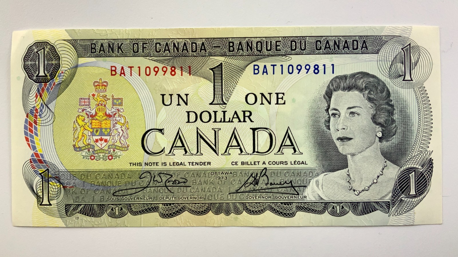 1973 Canada 1 One Dollar Uncirculated Banknote BAT Prefix Crow Bouey JJ323