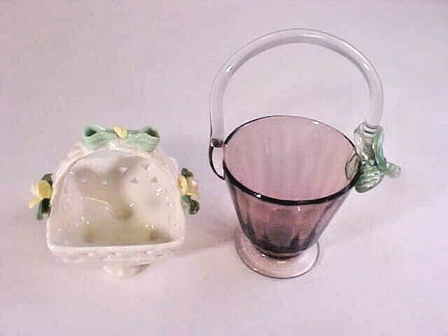 Lot of 2 Glass Decorative Baskets Lavender Applied Leaves Flower WE Porcelain