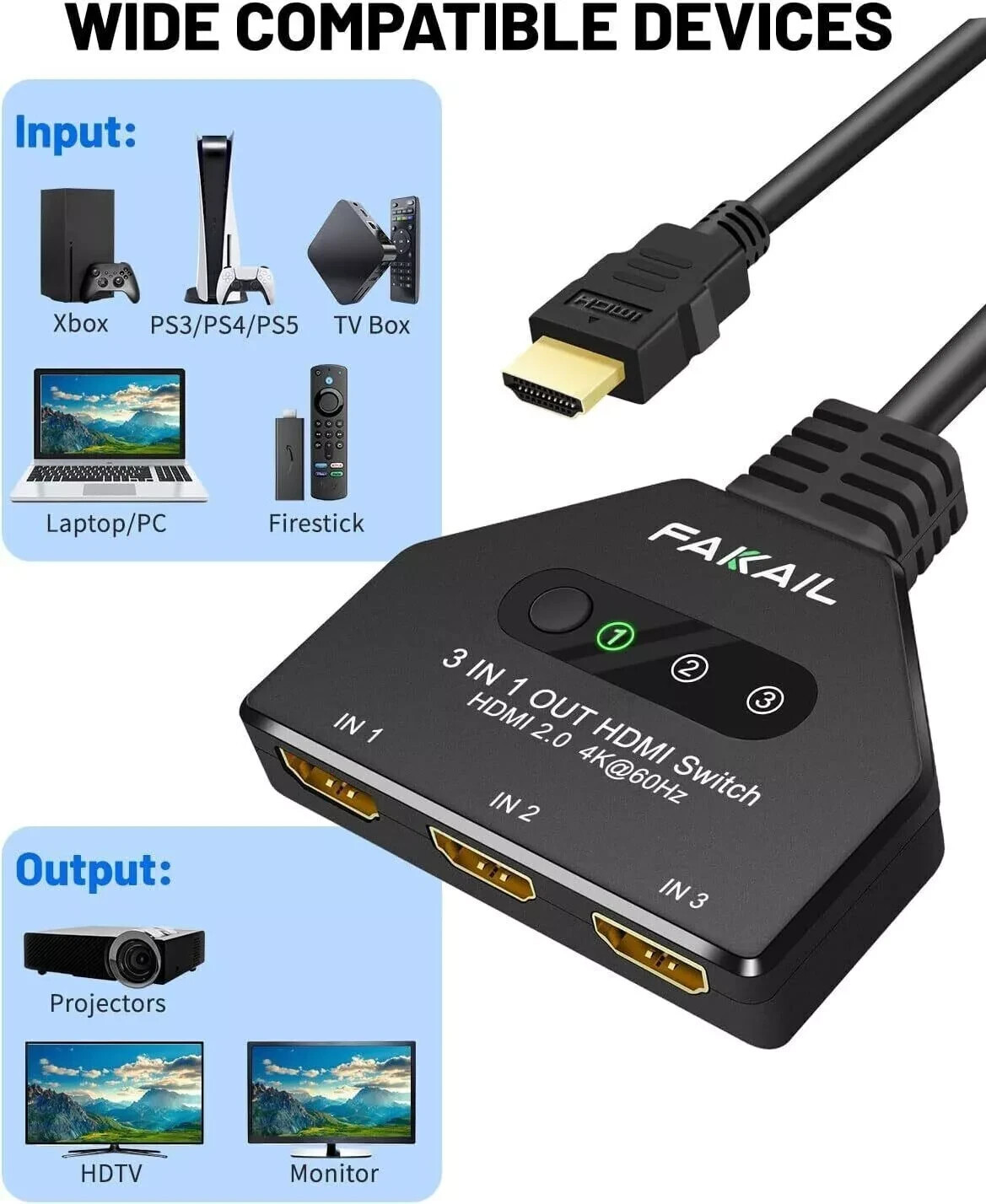 2FT 4K HDMI 2.0 Cable Auto Switch Switcher Splitter Adapter 3 In-1 Out Device