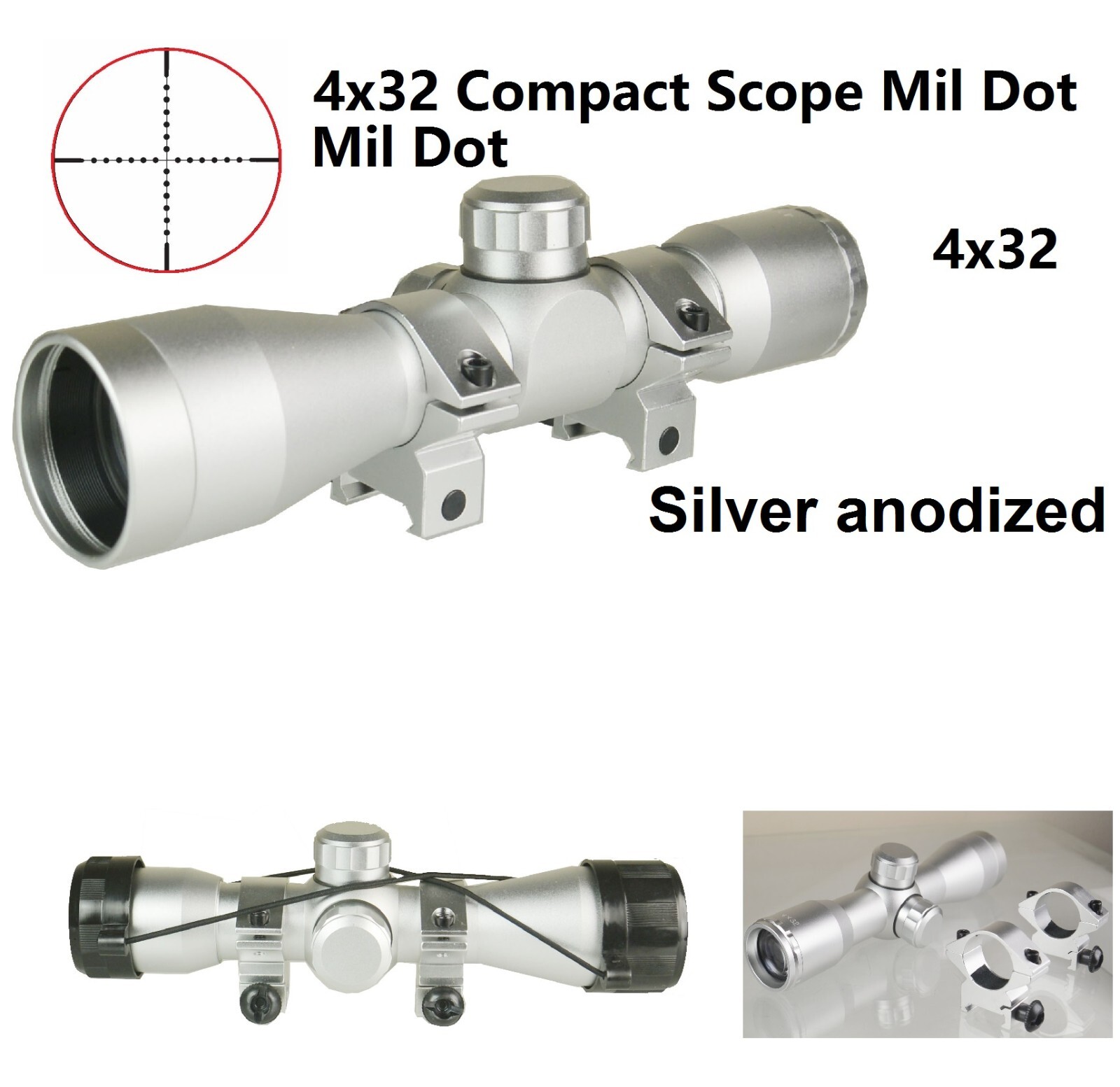 Silver 4x32 Compact Scope For Rifle/Crossbow With Low Profile Weaver Rings