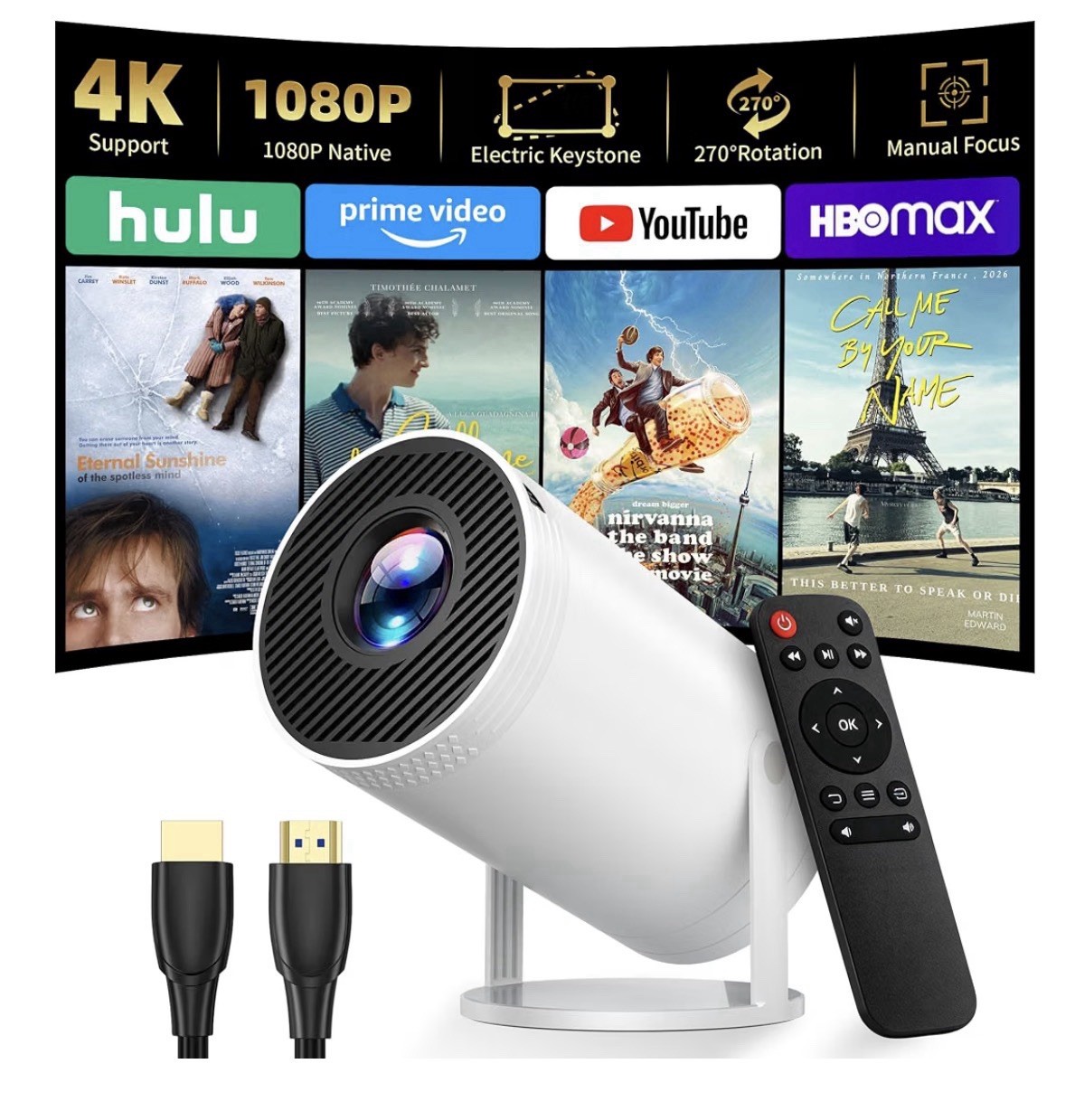 Mini DLP Projector 1080P Native 4K Support 270° Rotatable Electric Keystone