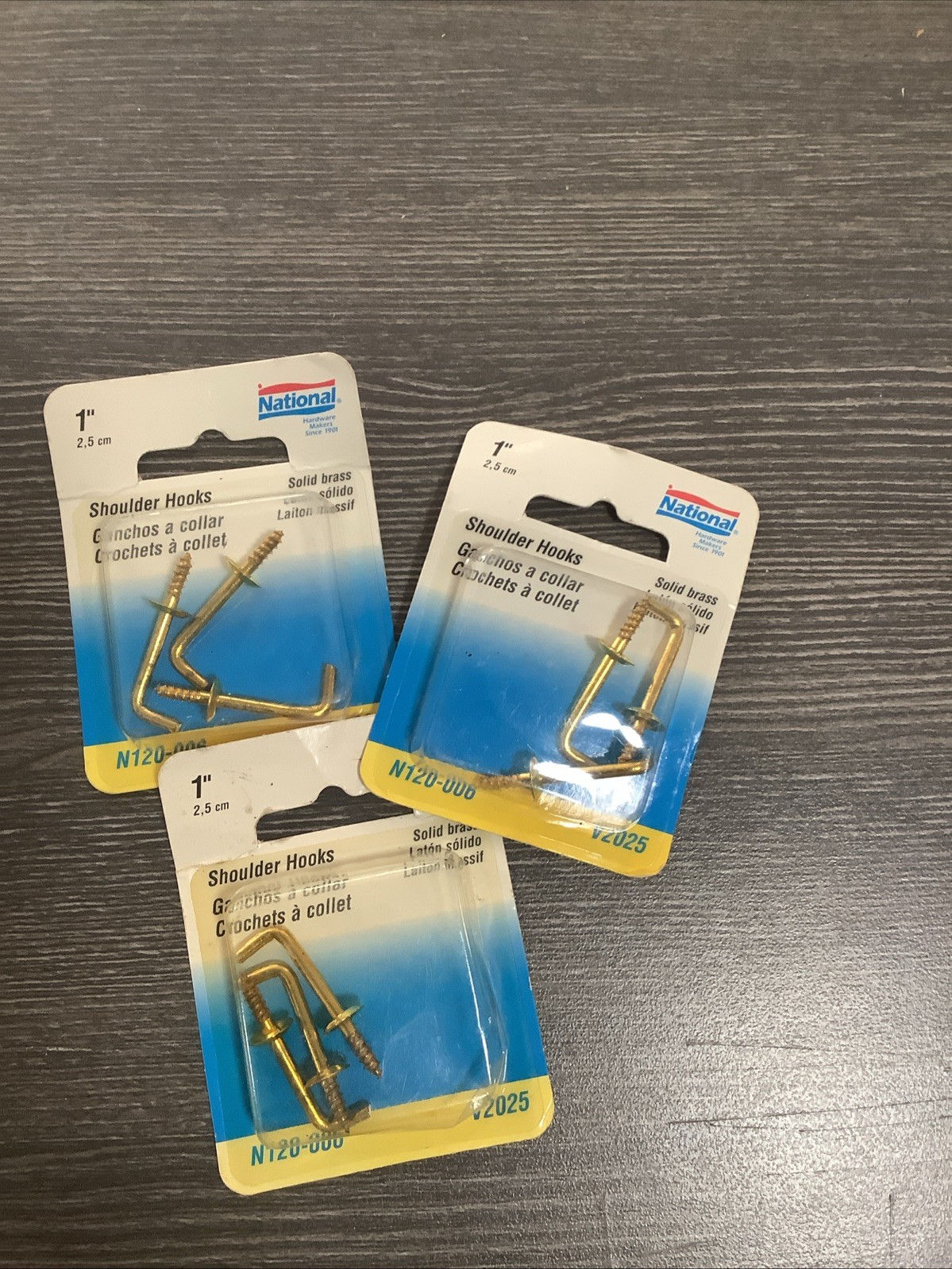 3 Pack Lot 3/PC National Hardware N120-006 1" Shoulder Hook Solid Brass screw in