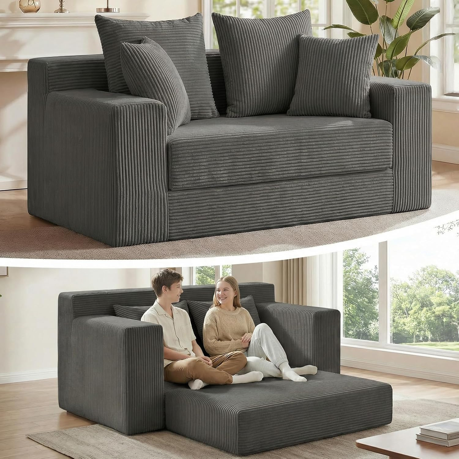 3-In-1 Convertible Sofa Bed,Boneless Loveseat Sleeper & Folding Couch Bed with 4