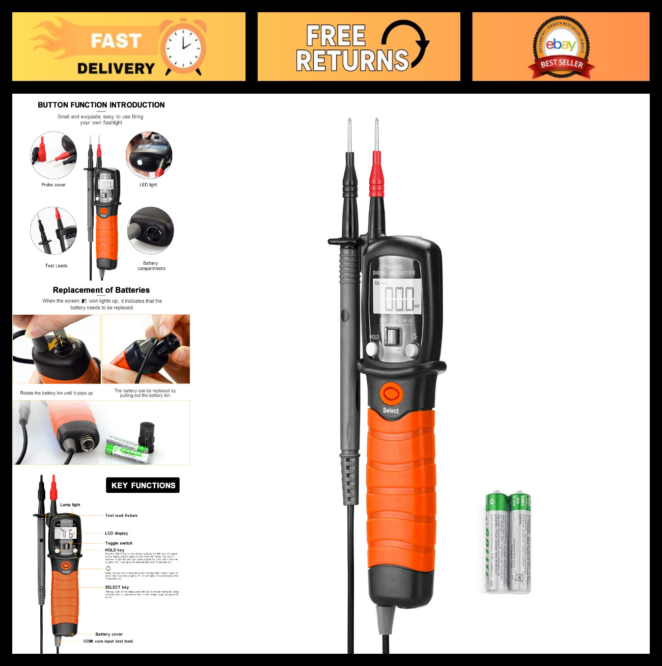 Digital Pen Multimeter 600V AC DC, 60M Ohm Resistance Meter, Backlit Screen, DMM