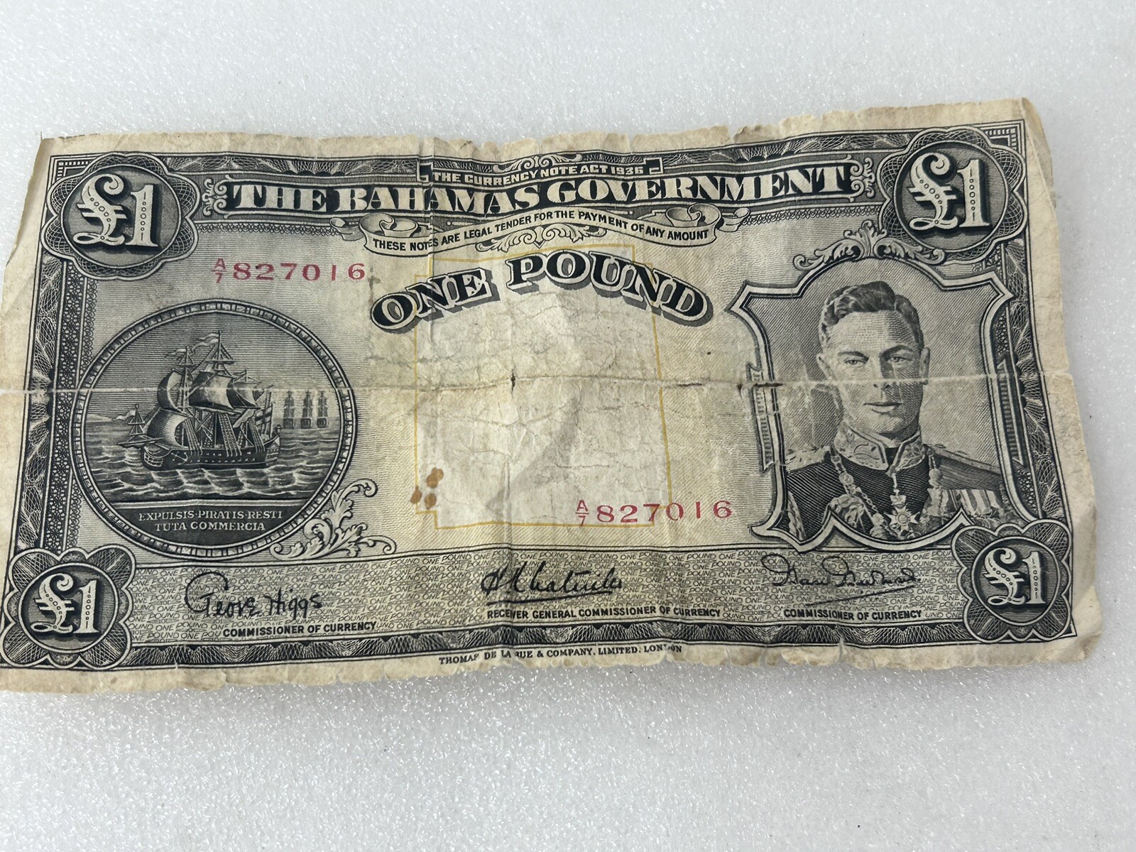 BAHAMAS 1 Pound 1936, P-11 - Higgs Latreille Burnside Sigs - George VI - VG