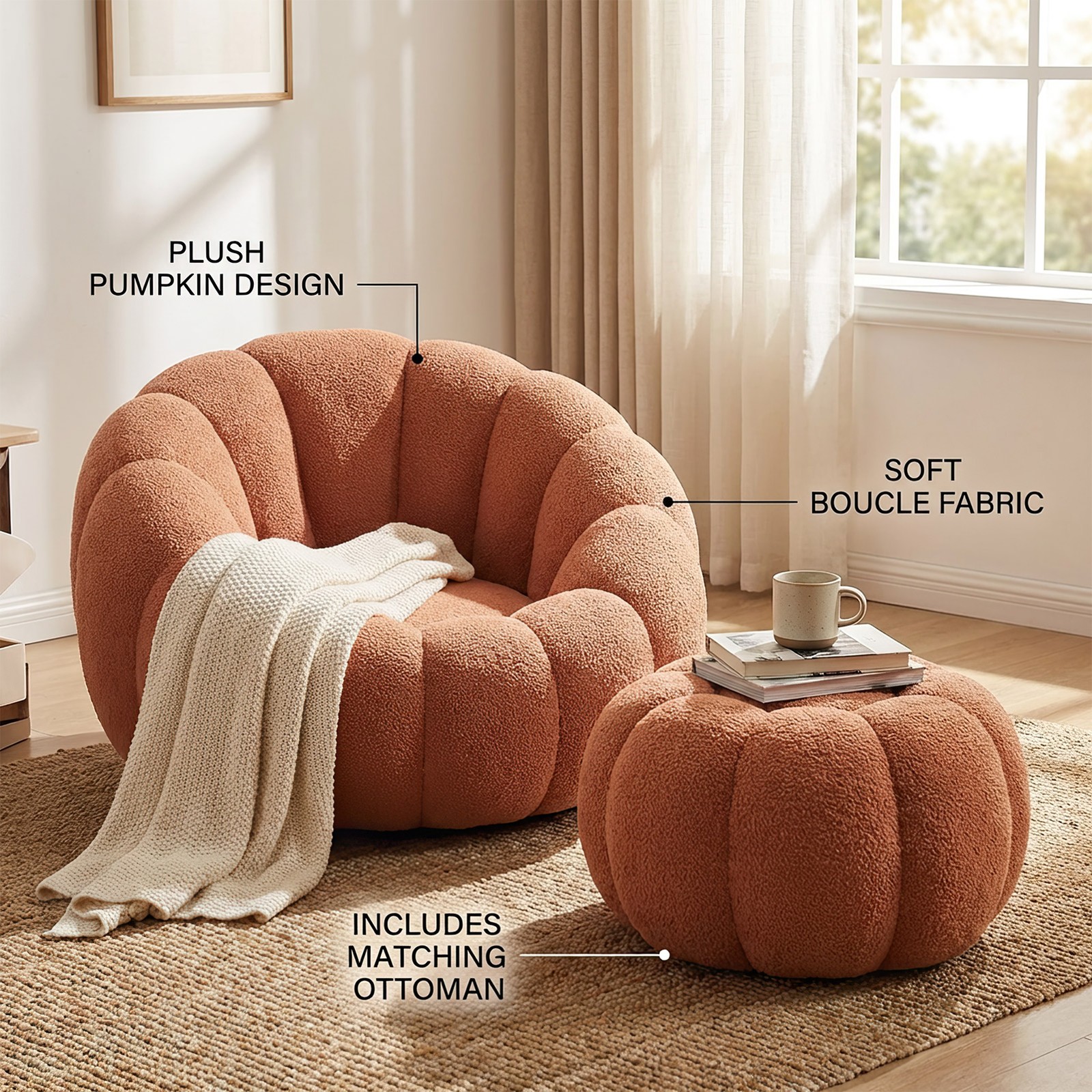 Pumpkin Shape Lounge Chair & Footstool - Brown