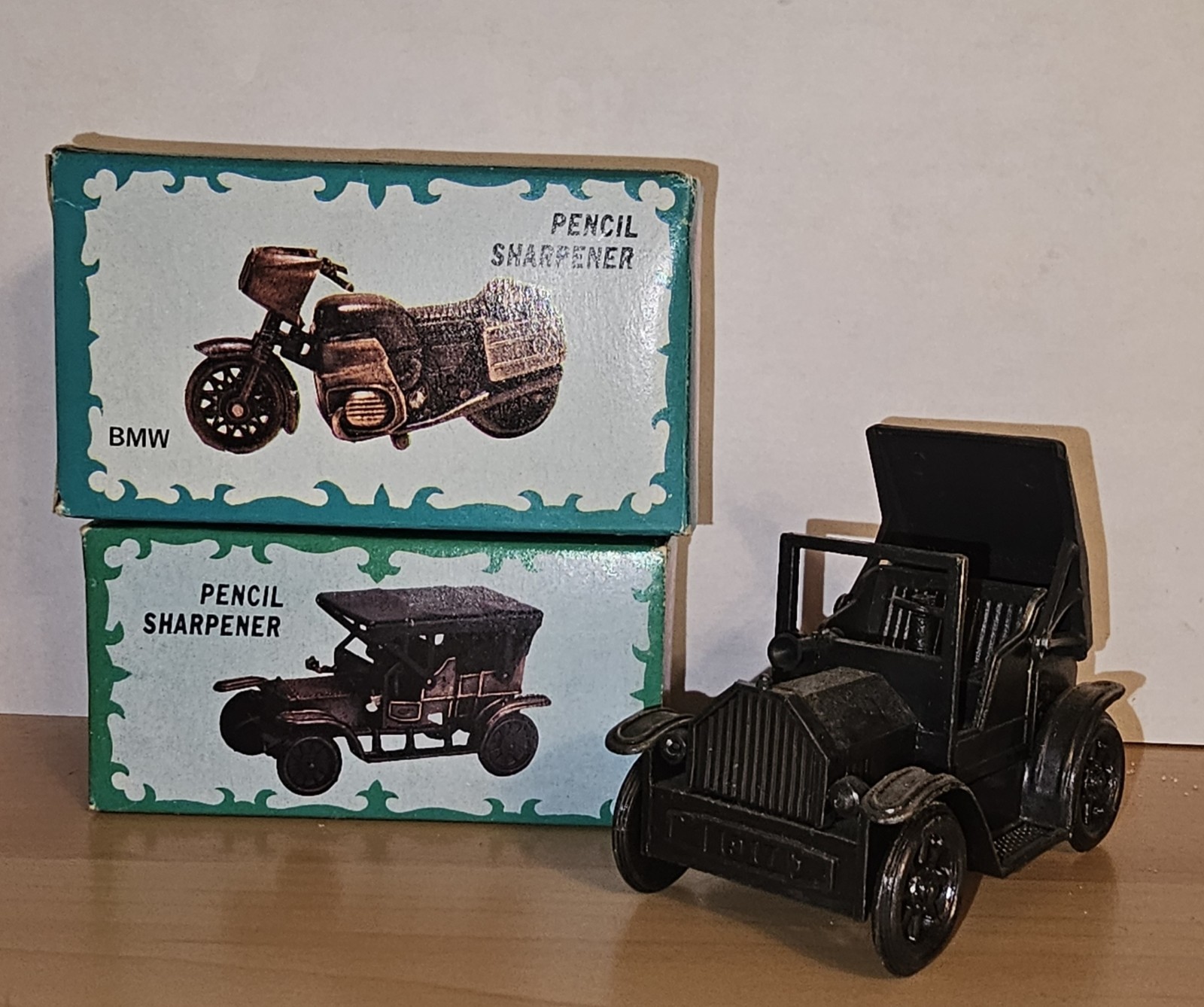3 Vtg. Die Cast Pencil Sharpeners  2 In Boxes  Motercycle And 2 Cars