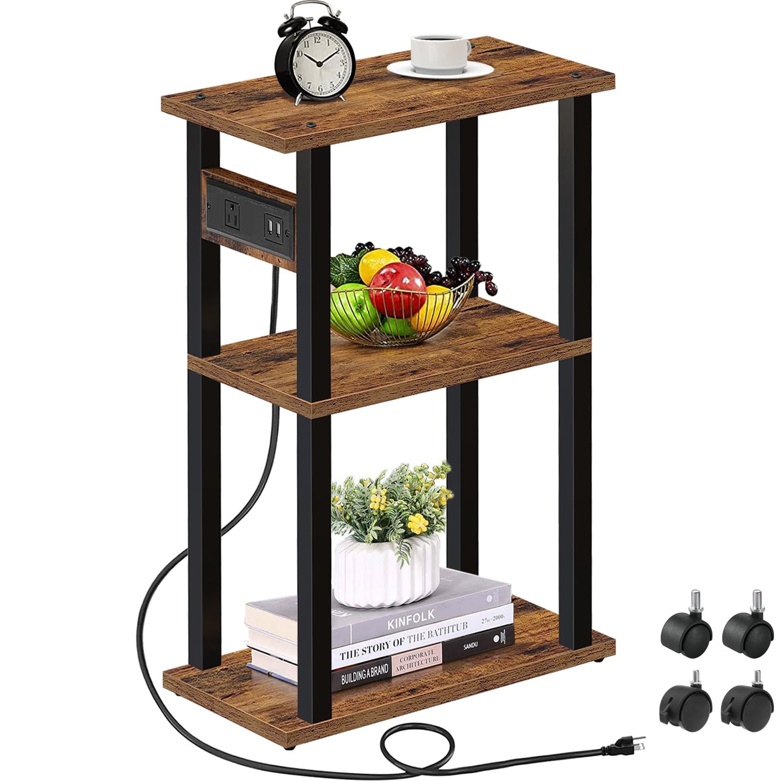 Small Narrow Side Table with Charging Station, Skinny End Table