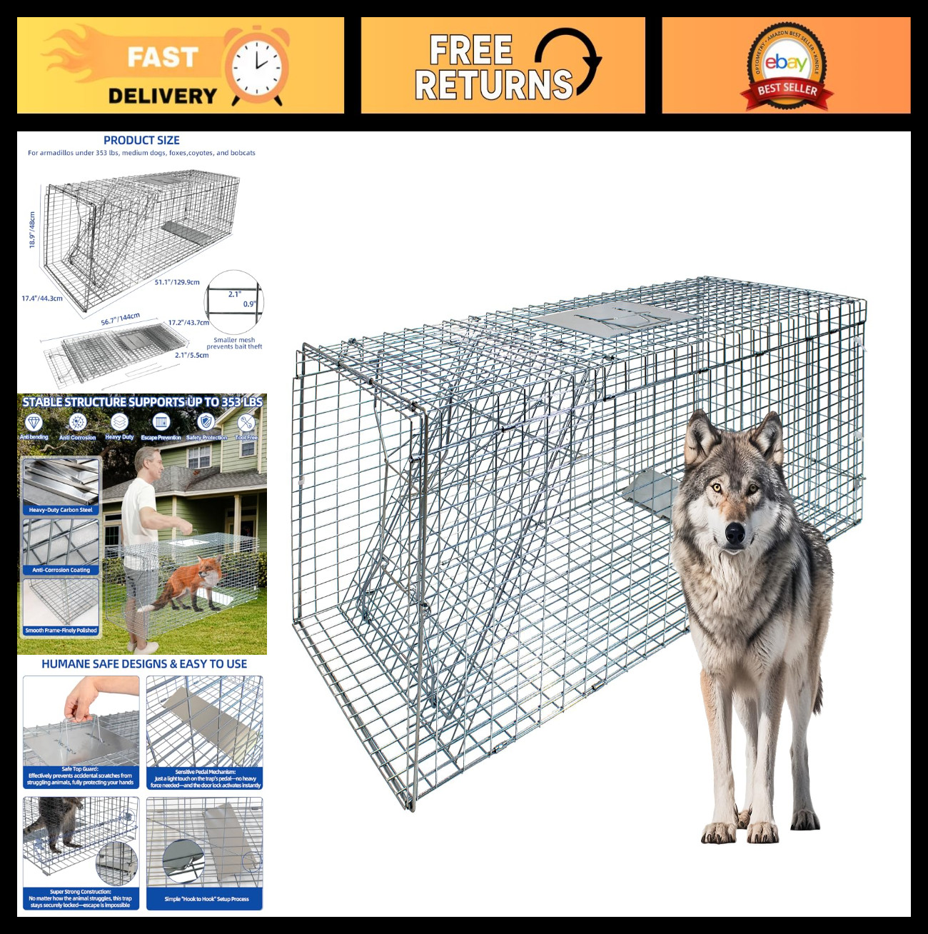 Large Foldable Humane Live Animal Trap Cage - Steel Coyote Raccoon Bobcat Fox Do
