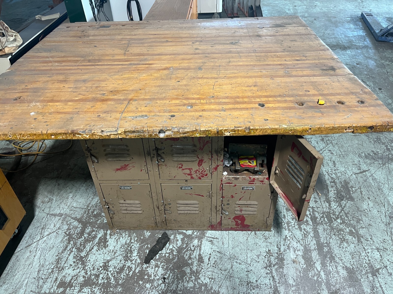 Wood Block Shop Bench Locker Table with Worley Lockers