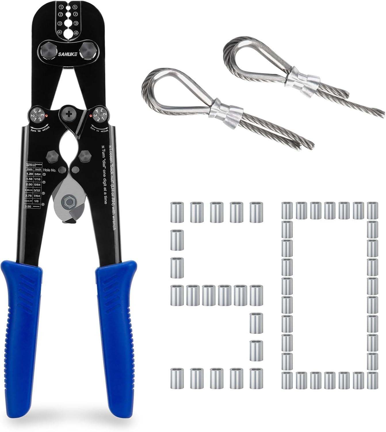 Wire Rope Crimping Tool Kit, Professional Wire Rope Crimper and Cutter for Alumi