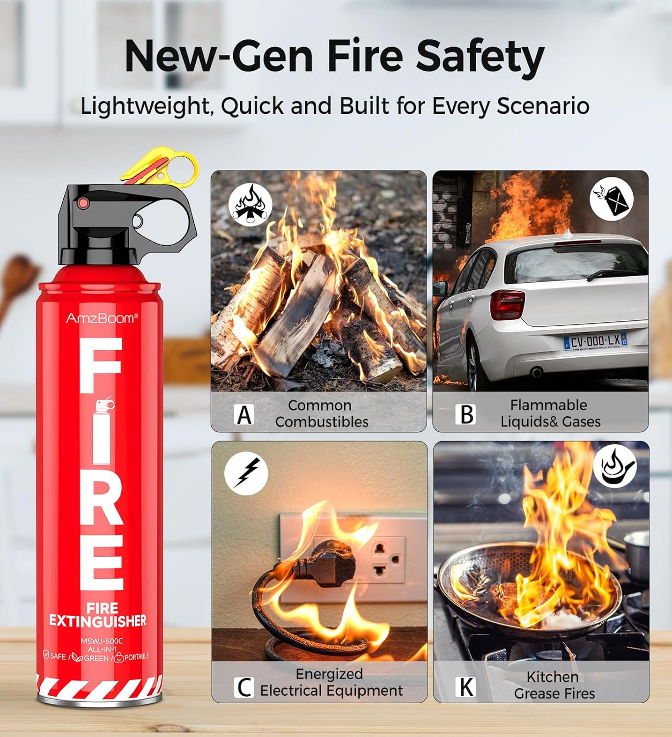 Fire Extinguisher for Home 1Pack, Kitchen, Car, and Grill,Compact Water-Based A,