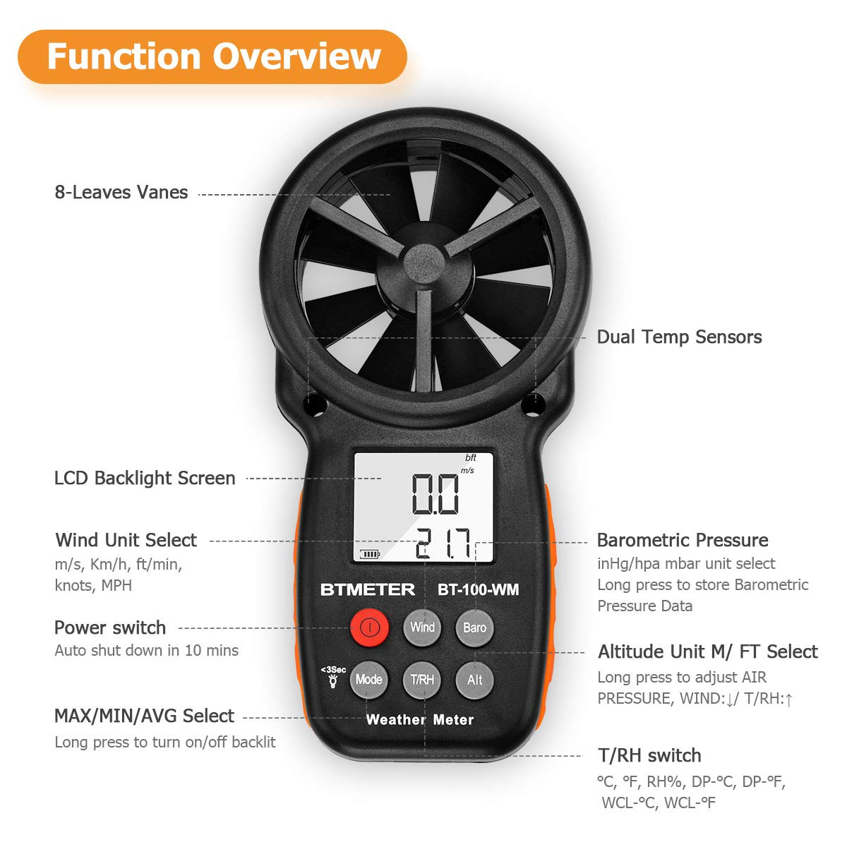 Digital Anemometer Barometer Handheld, for Wind Speed Temperature Wind Chill W/