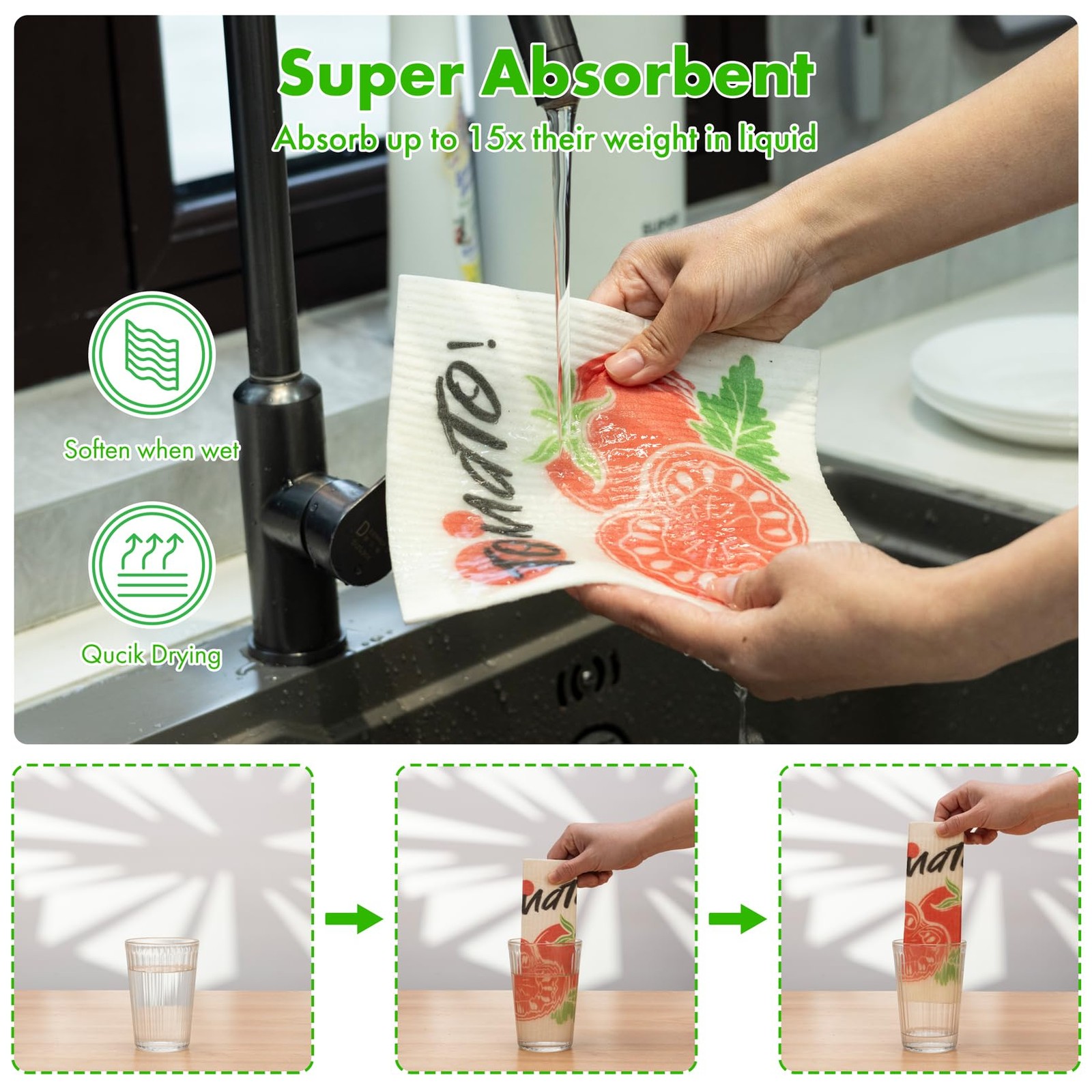 Swedish Dishcloths for Kitchen, 6 Pack Vegetable Swedish Dish Towels with Cli...