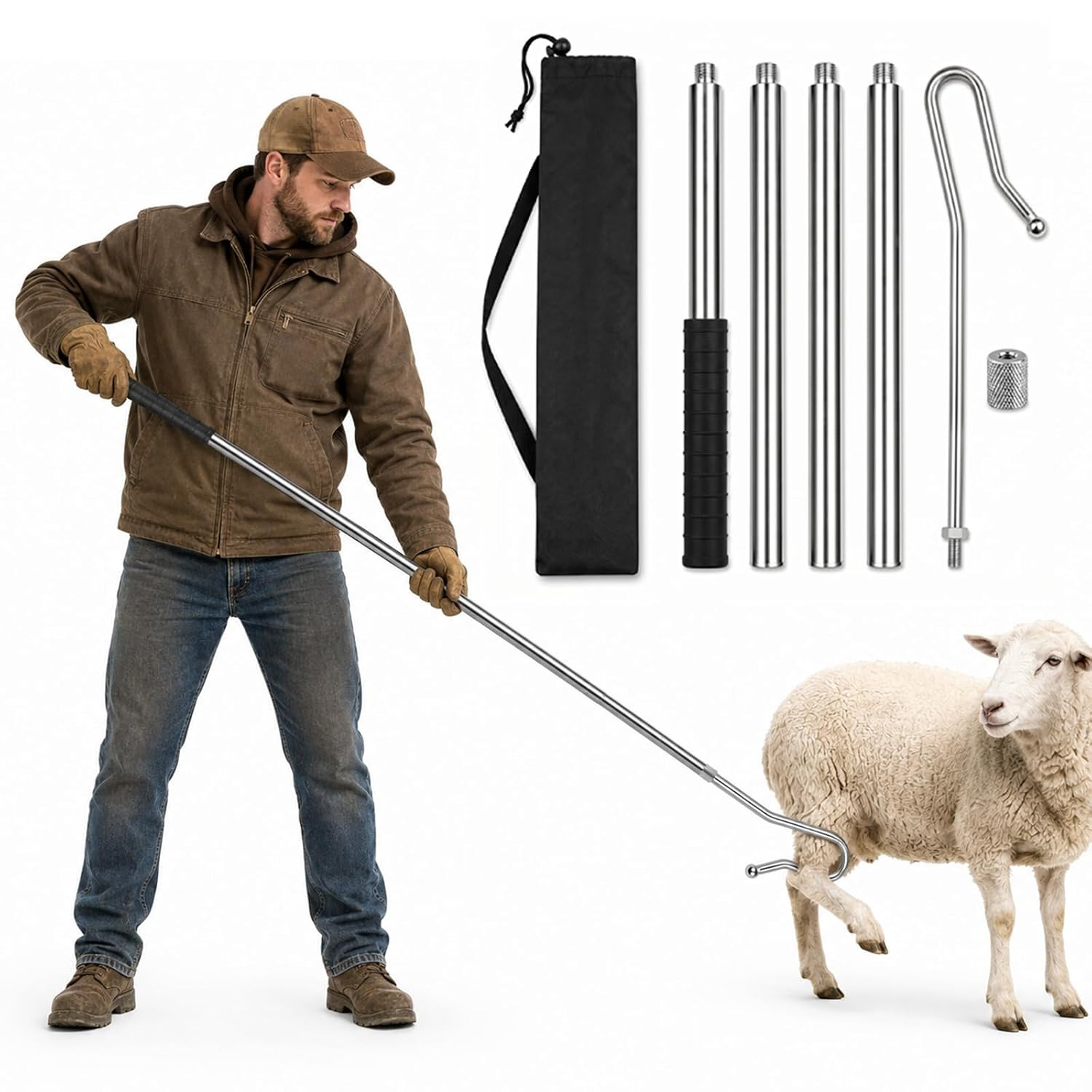 Goat Sheep Catcher Hook, Adjustable 44–75 Inch 5-Section 304 Stainless Steel She