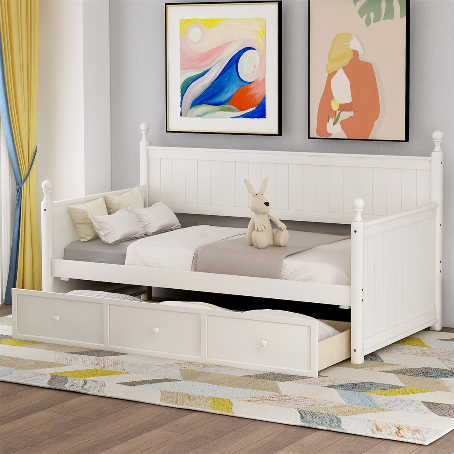 Twin Size Wood Daybed Wooden Bed Frame Sofa Bed w/ 3 Drawers White/Gray