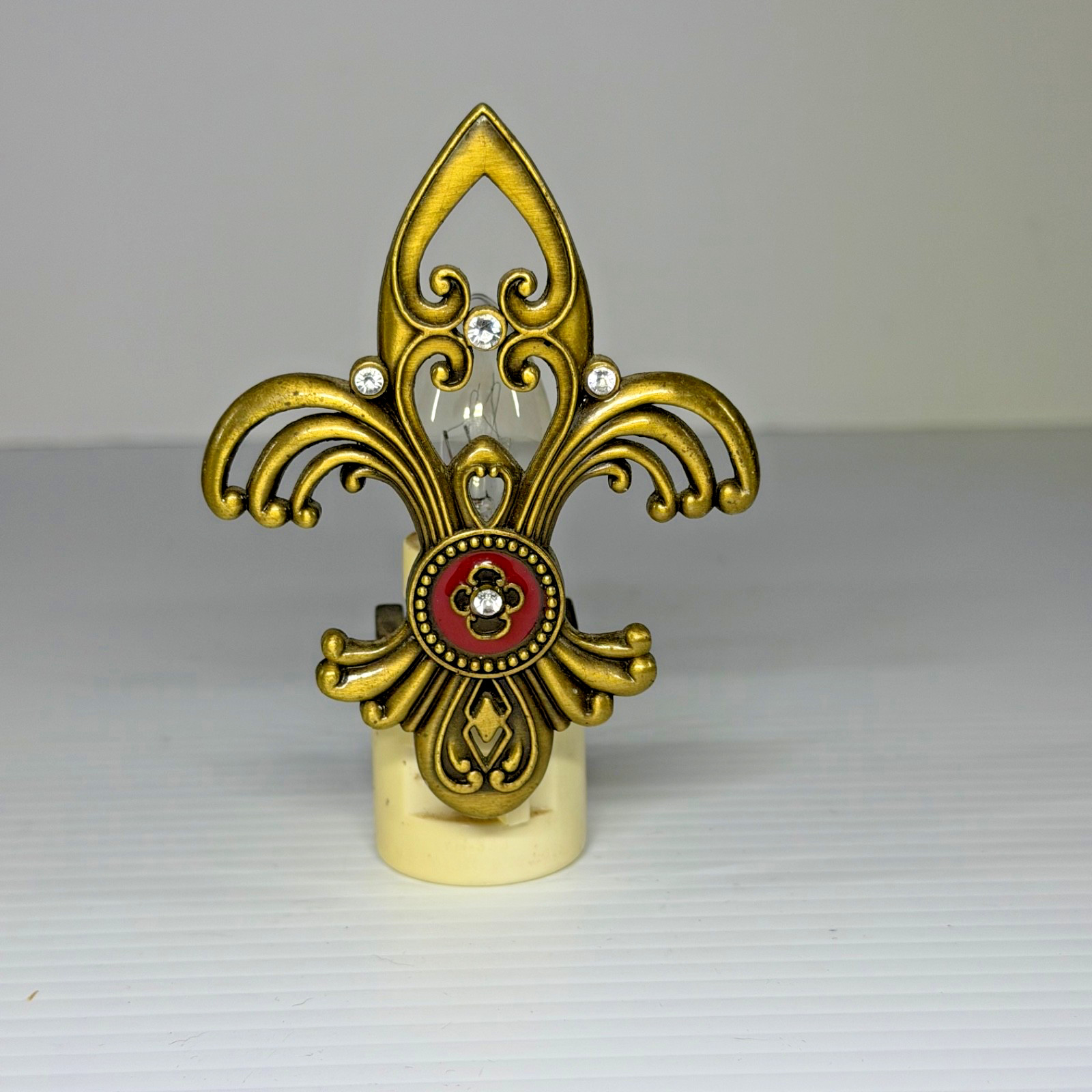 Fleur De Lis Night Light Gold / Brass Colored Faux Jewels 4.5" Tall