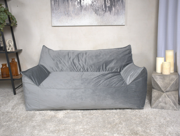 Fila Velveteen 2 Seater Oversized Bean Bag Chair with Armrests, Gray|Gray