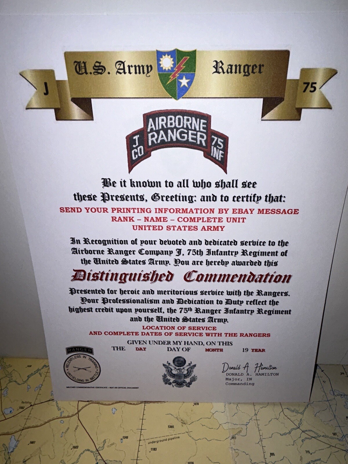 U.S. ARMY - J CO. 75TH INFANTRY RANGER  REGIMENT / DISTINGUISHED COMMENDATION