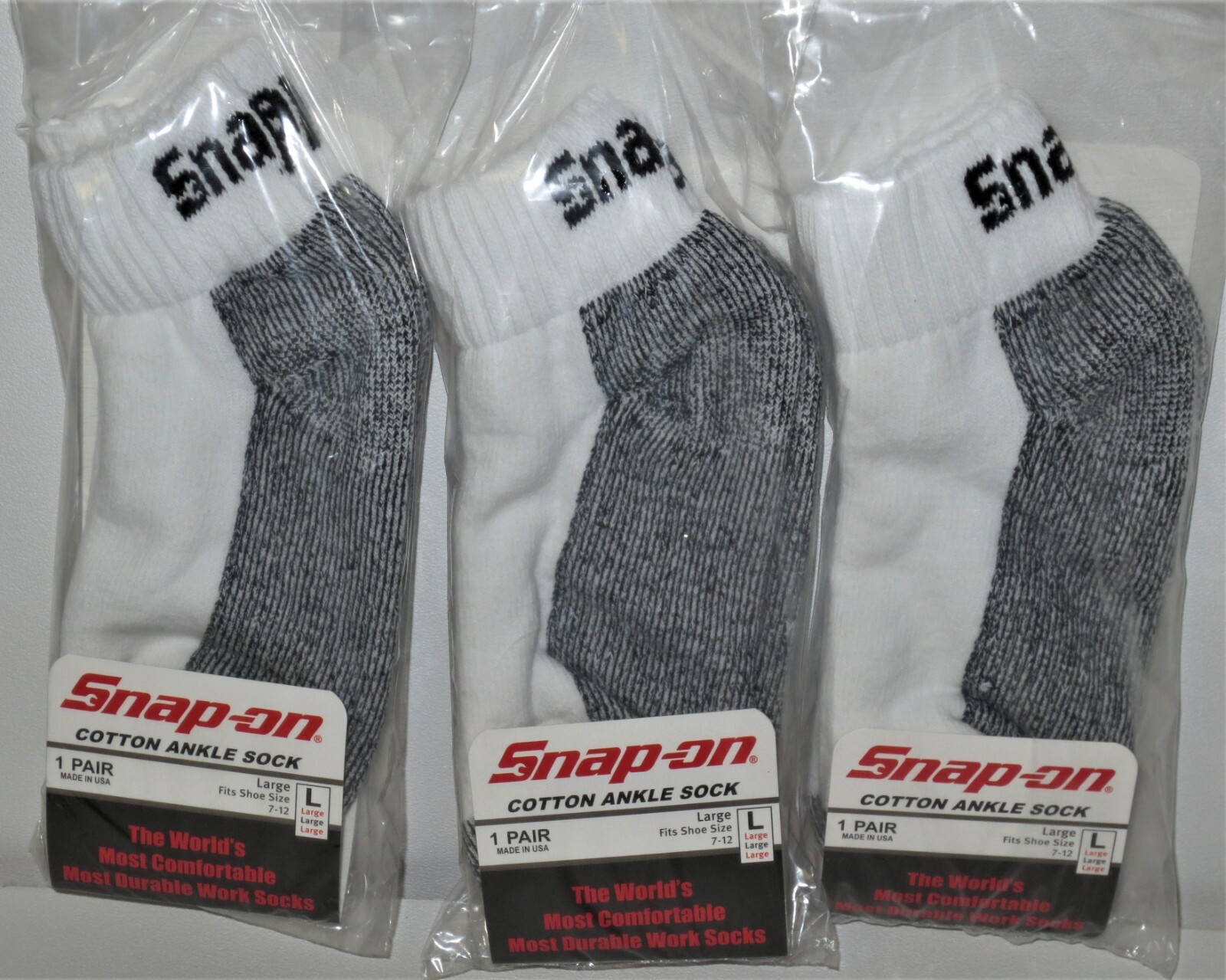 12 PAIRS Snap-On Ankle Socks Men's WHITE LARGE *FREE SHIPPING* MADE IN USA *NEW*
