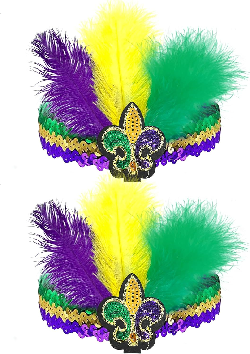 2 Pack Mardi Gras Fluer Di Lis Headband Sequin Fascinators Purple Yellow Gree...