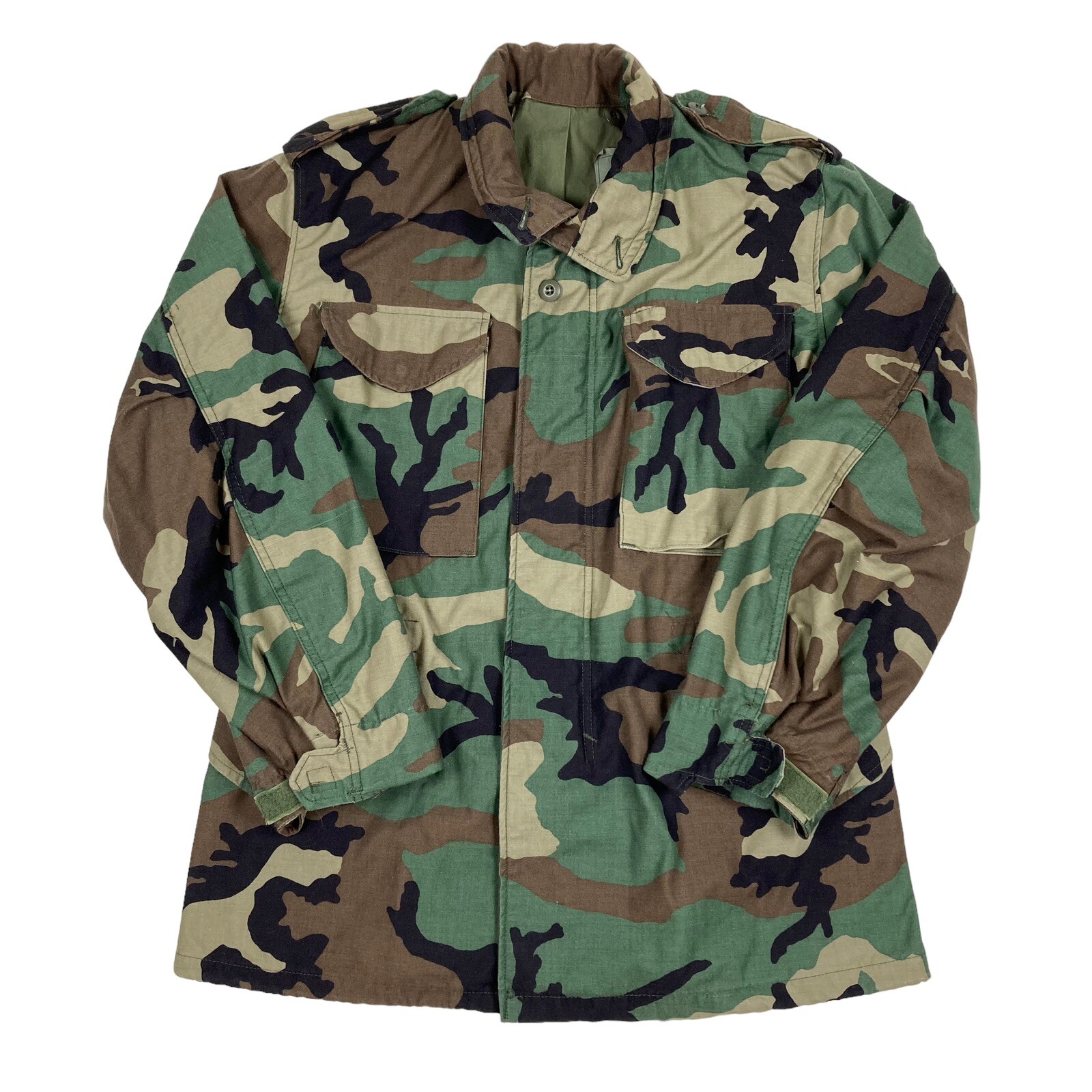 VTG 90s US Military Woodland Camo Cold Weather Field Coat Golden Mfg Size S