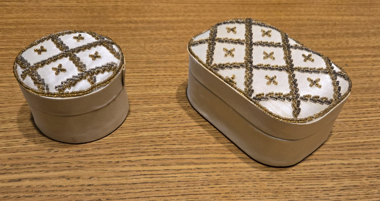VINTAGE FABRIC TRINKET BOXES CREAM WITH GOLD BEADWORK ROUND AND RECTANGLE SET