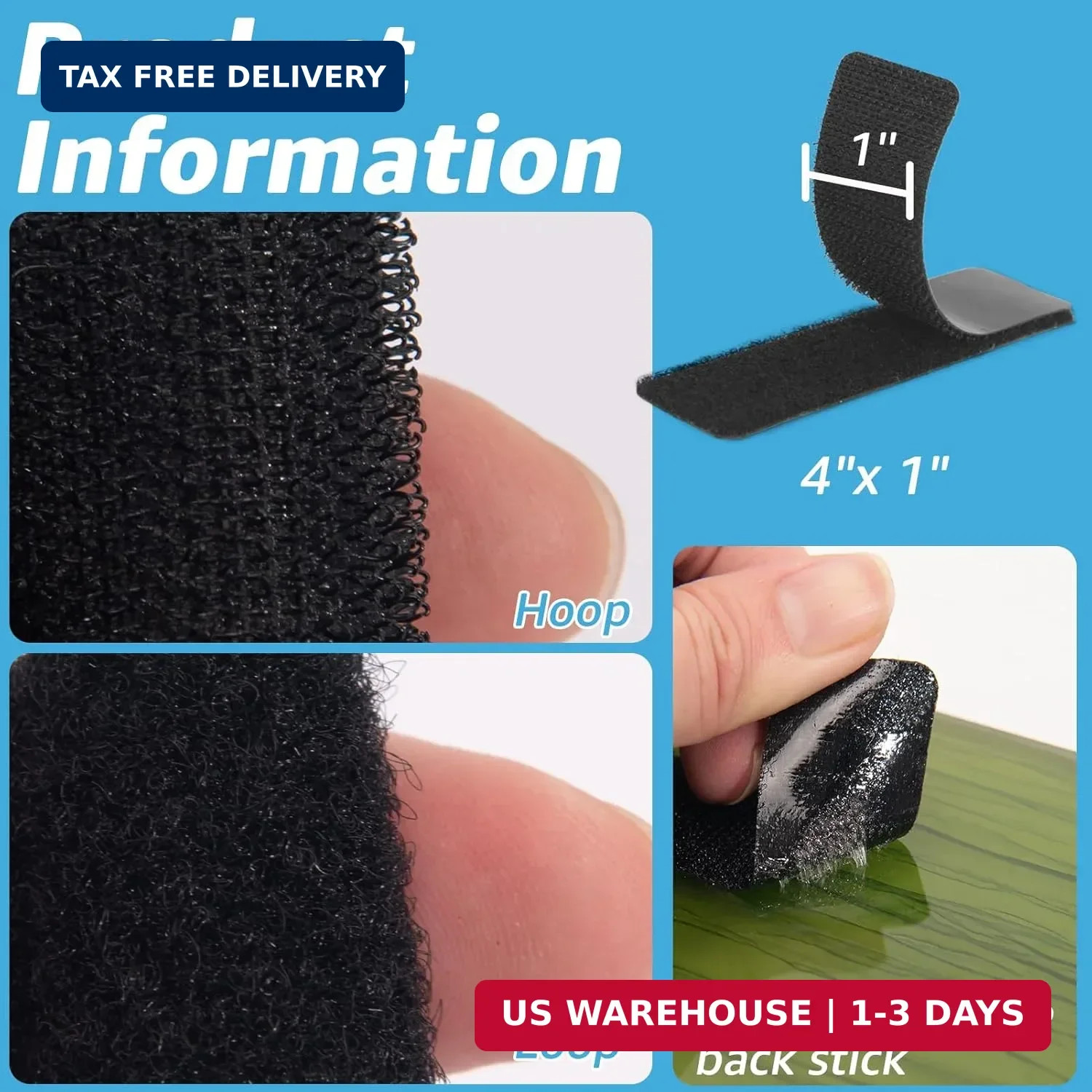 16 Sets Hook and Loop Tape Sticky Back,1 in.x 4 in Double-Sided Command Adhesive