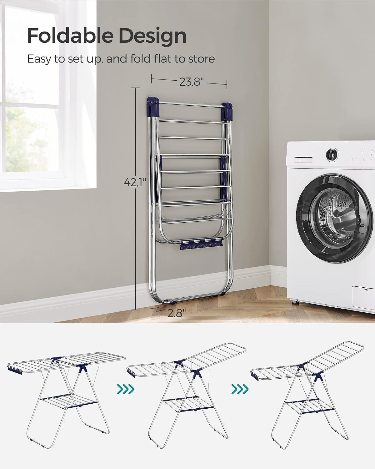 Foldable Metal Drying Rack with Adjustable Wings and Sock Clips