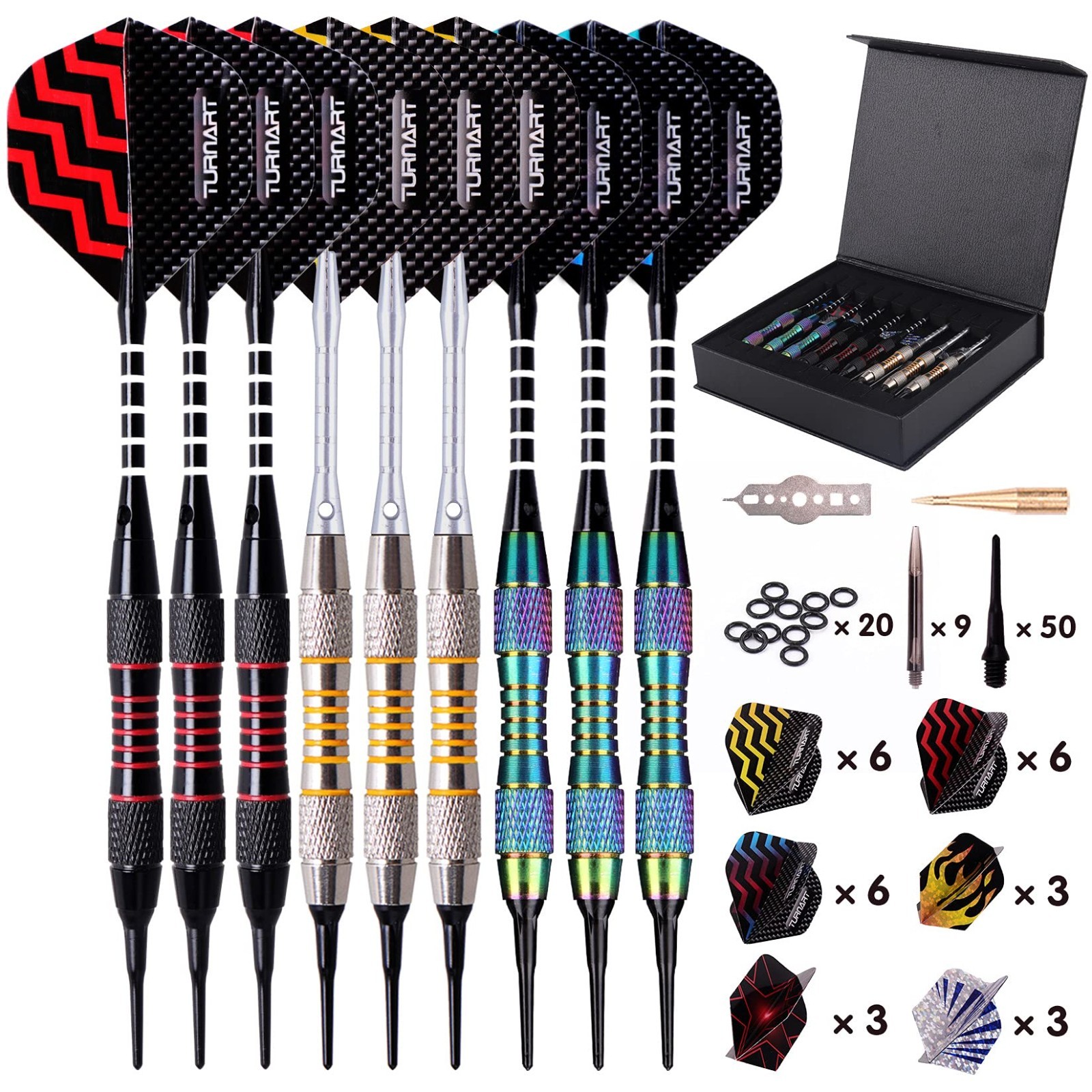 Professional Soft Tip Darts Set - 9 Pcs 18g for Electronic Dartboard + 50 Tips &