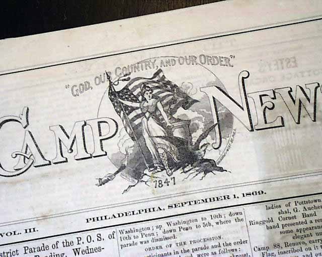 Rare PHILADELPHIA PA Patriotic Order Sons of America 1870 Camp Newspaper