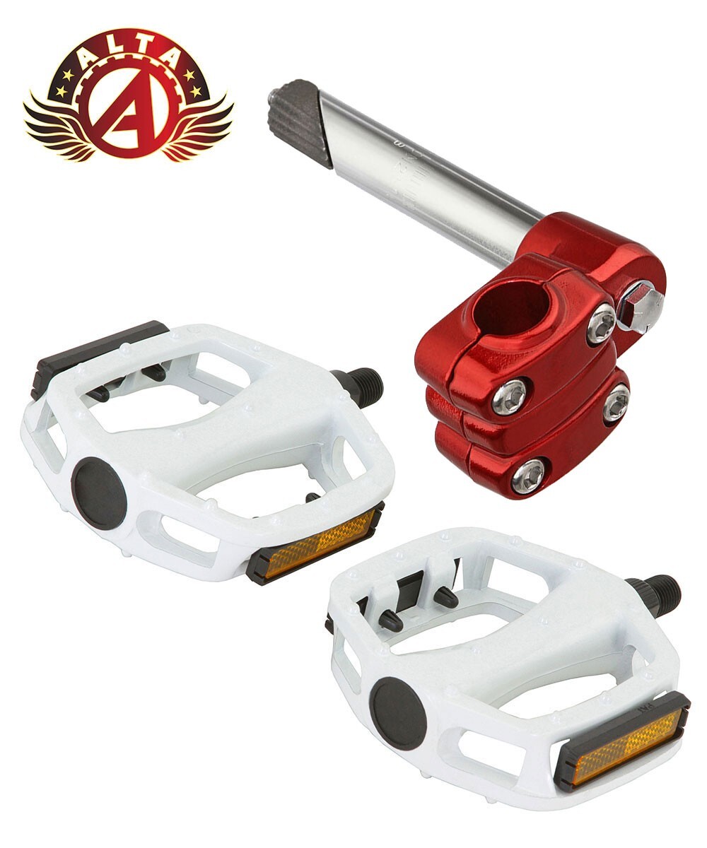 ALTA Original Bike 4-Bolt 21.1mm BMX Stem Red & Alloy Pedals 1/2" in White